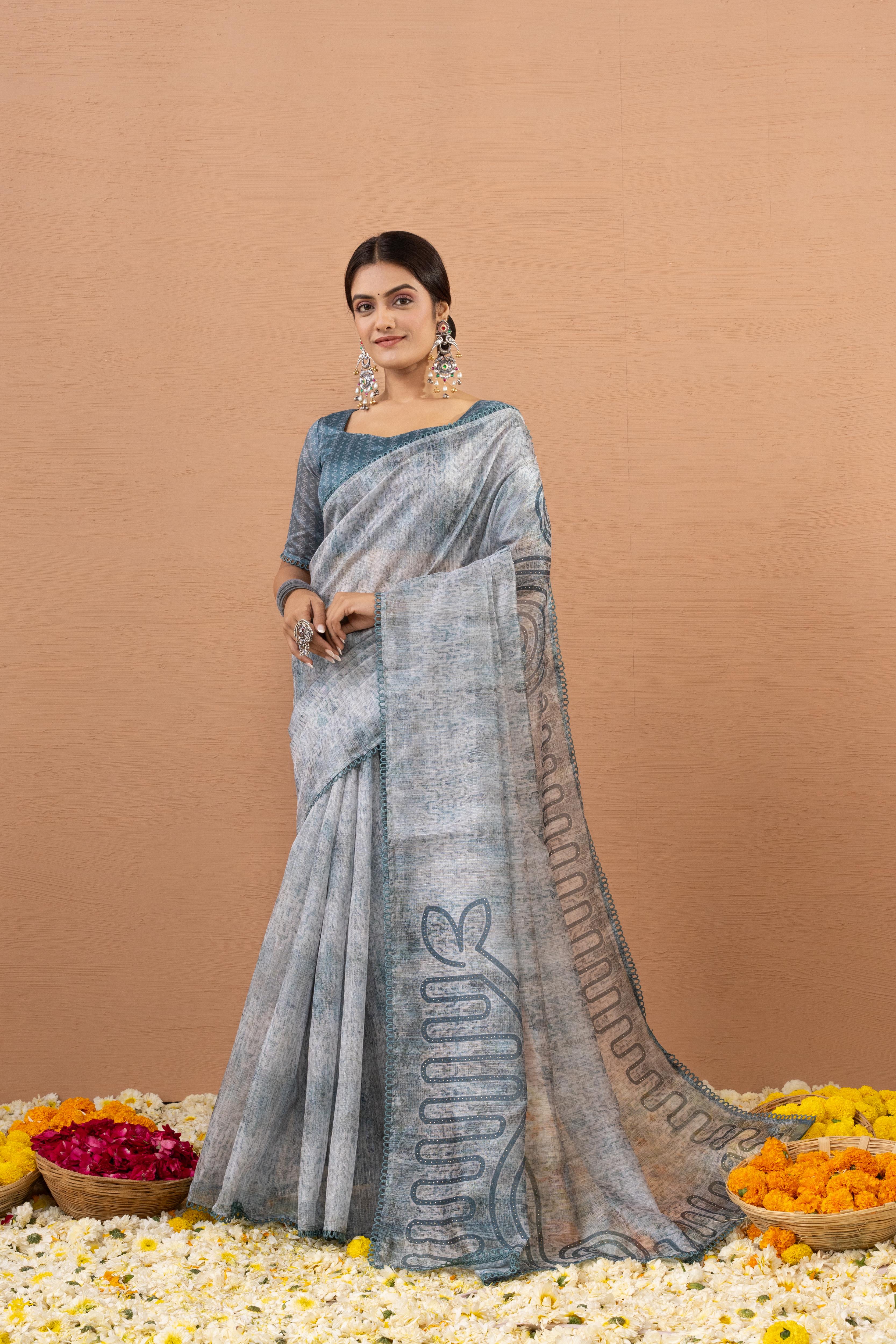Grey Silk Saree With Digital Print And Embroidery