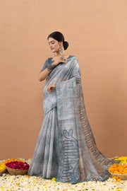Grey Silk Saree With Digital Print And Embroidery