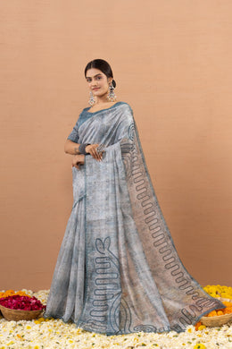 Grey Silk Saree With Digital Print And Embroidery