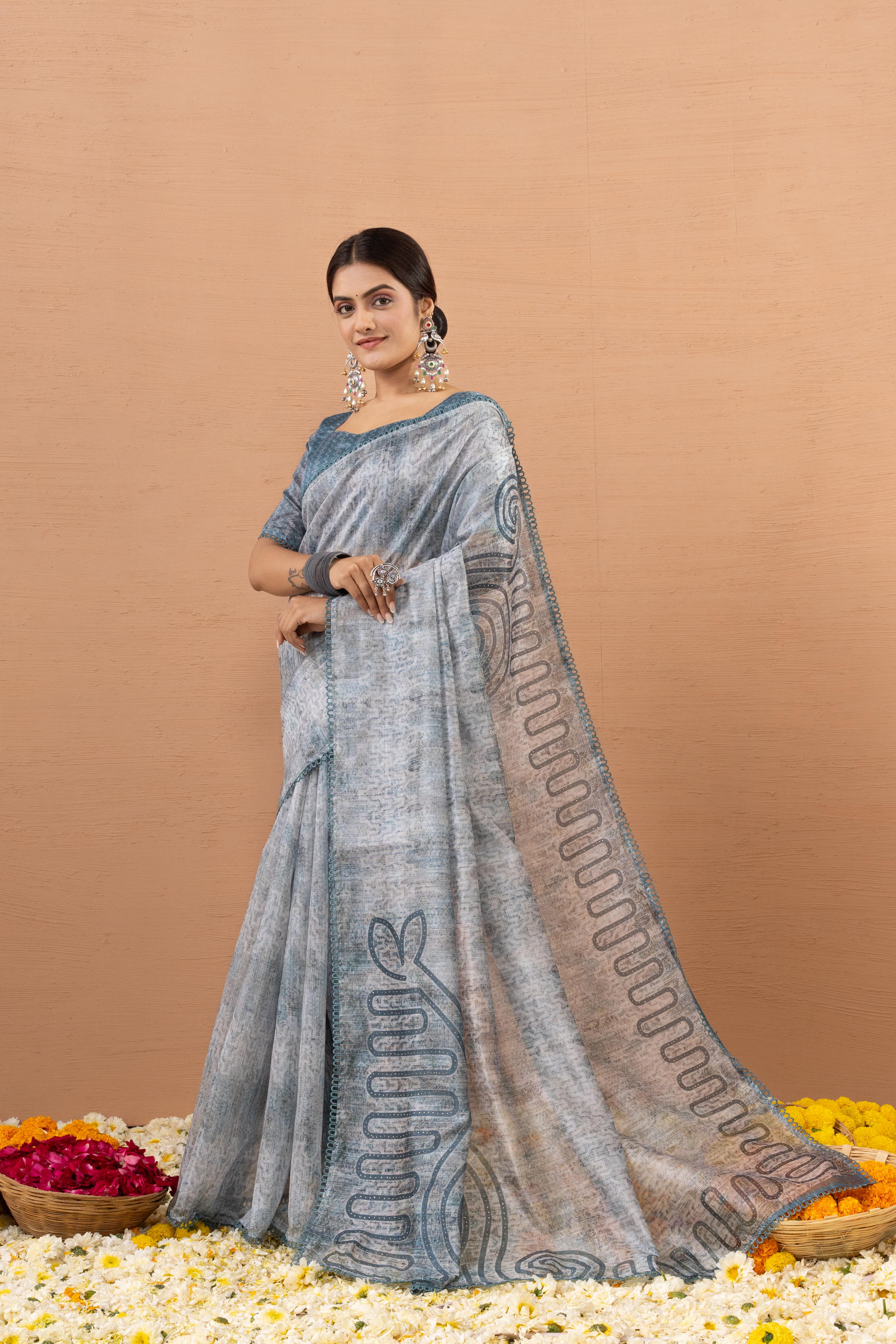 Grey Silk Saree With Digital Print And Embroidery