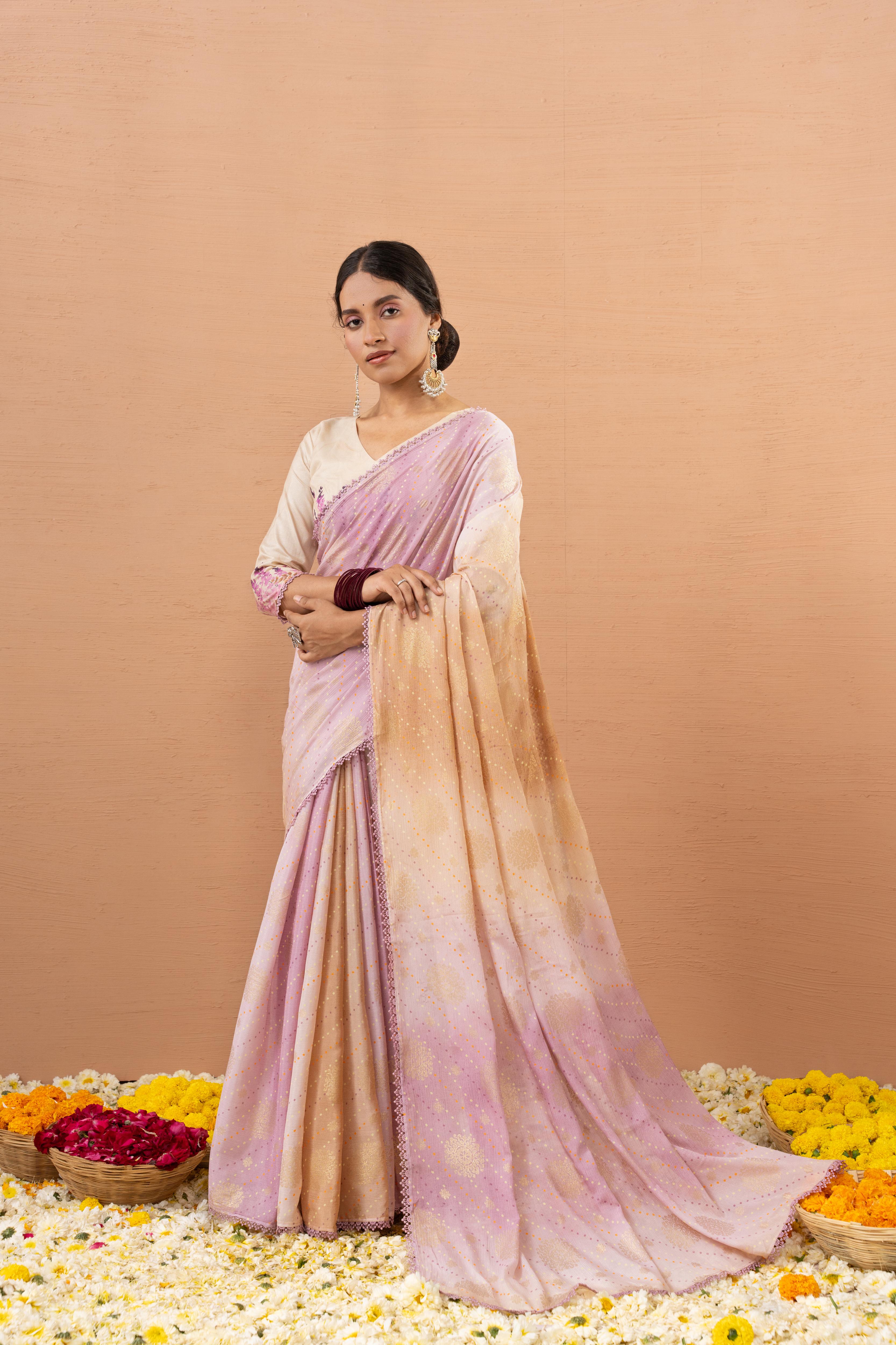 Pink Tussar Silk Saree With Printed Foils