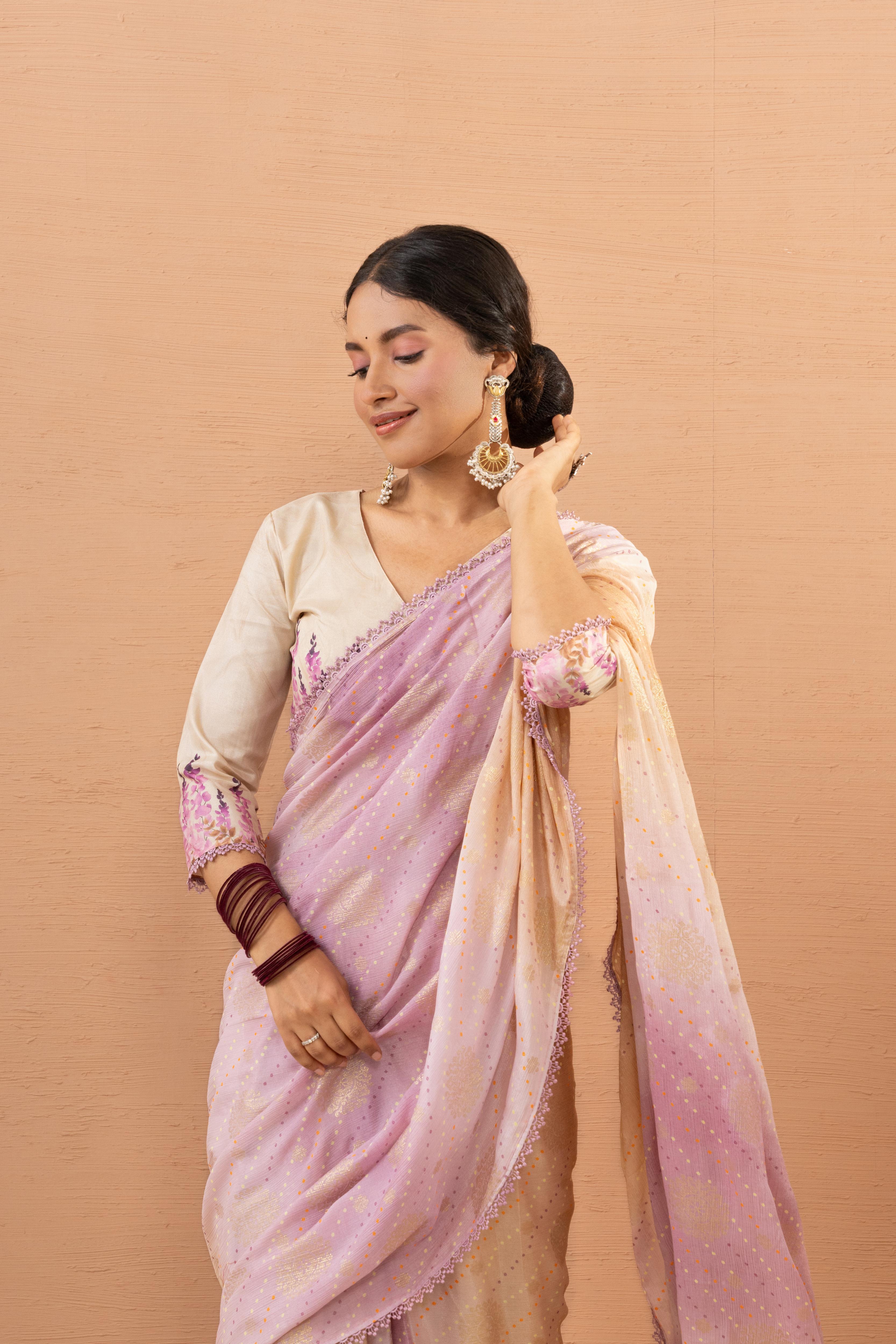 Pink Tussar Silk Saree With Printed Foils