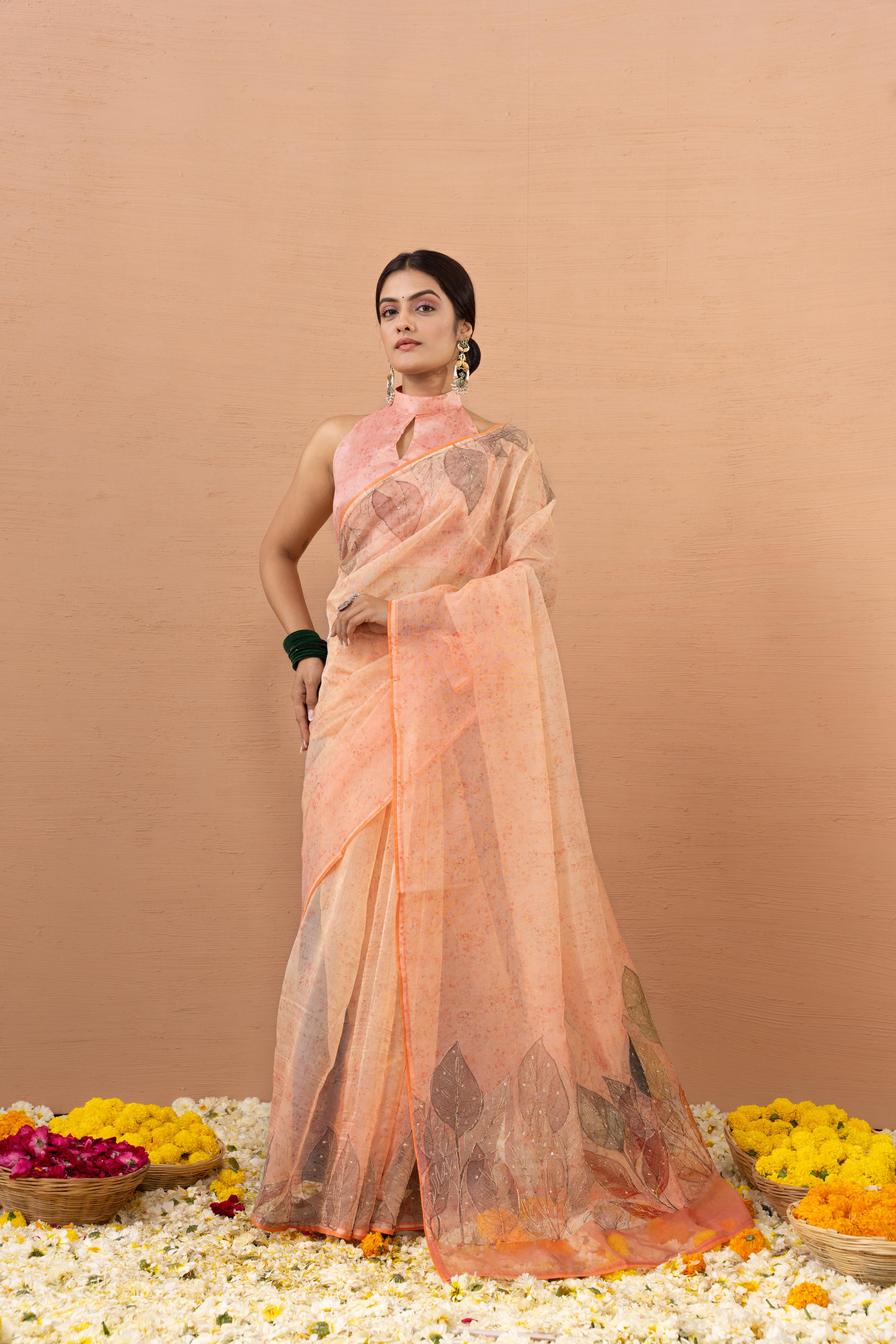 Vibrant Orange Tissue Saree with Aari Work