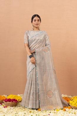 Grey Tissue Saree With Embroidery Boota