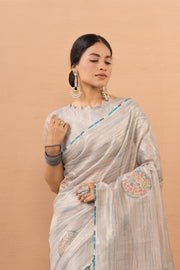 Grey Tissue Saree With Embroidery Boota