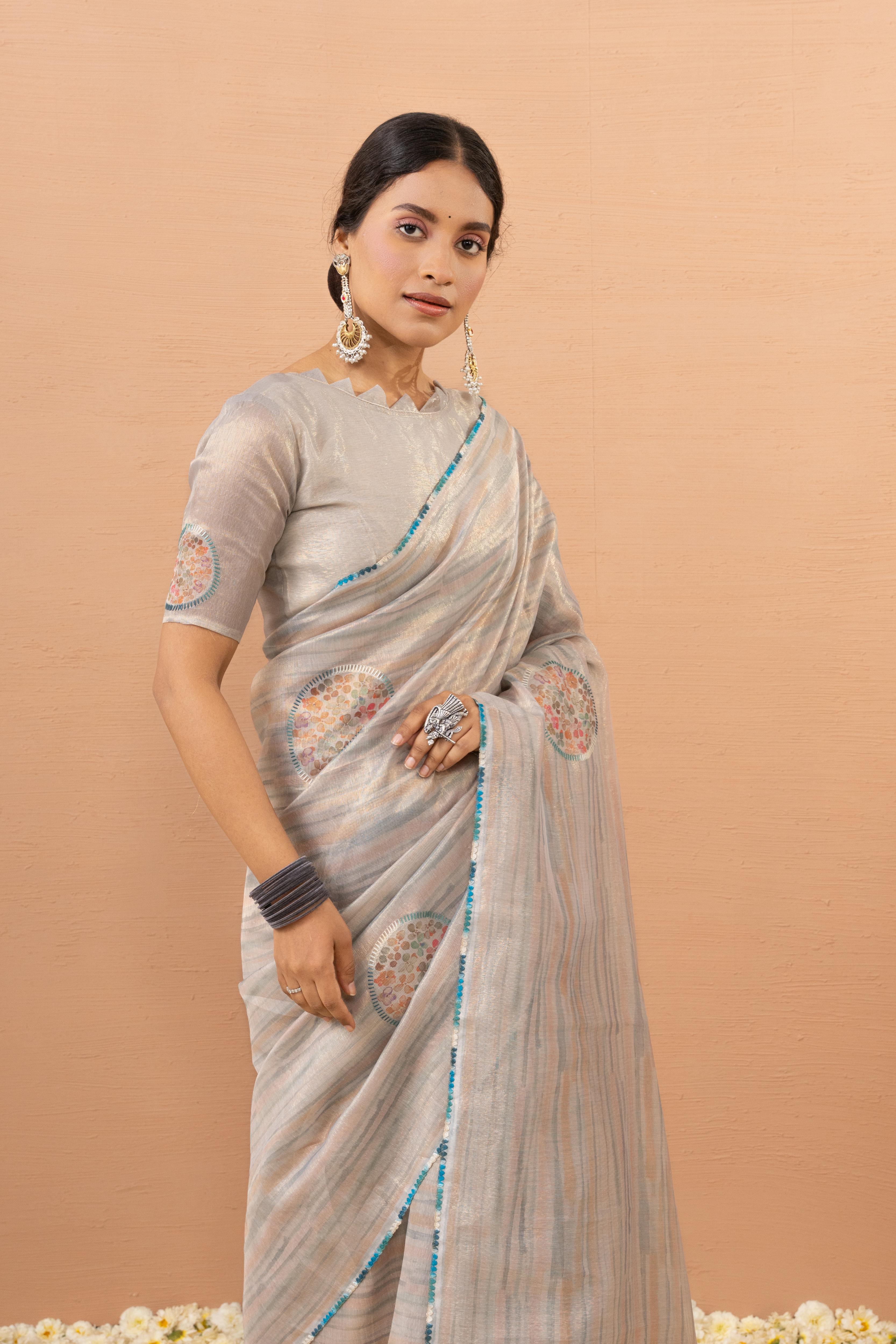 Grey Tissue Saree With Embroidery Boota
