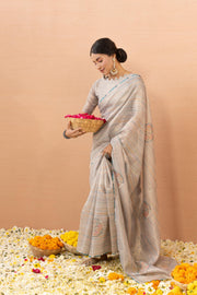 Grey Tissue Saree With Embroidery Boota