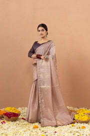 Pink Tussar Silk Saree Foiled With Zuri Work