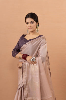 Pink Tussar Silk Saree Foiled With Zuri Work