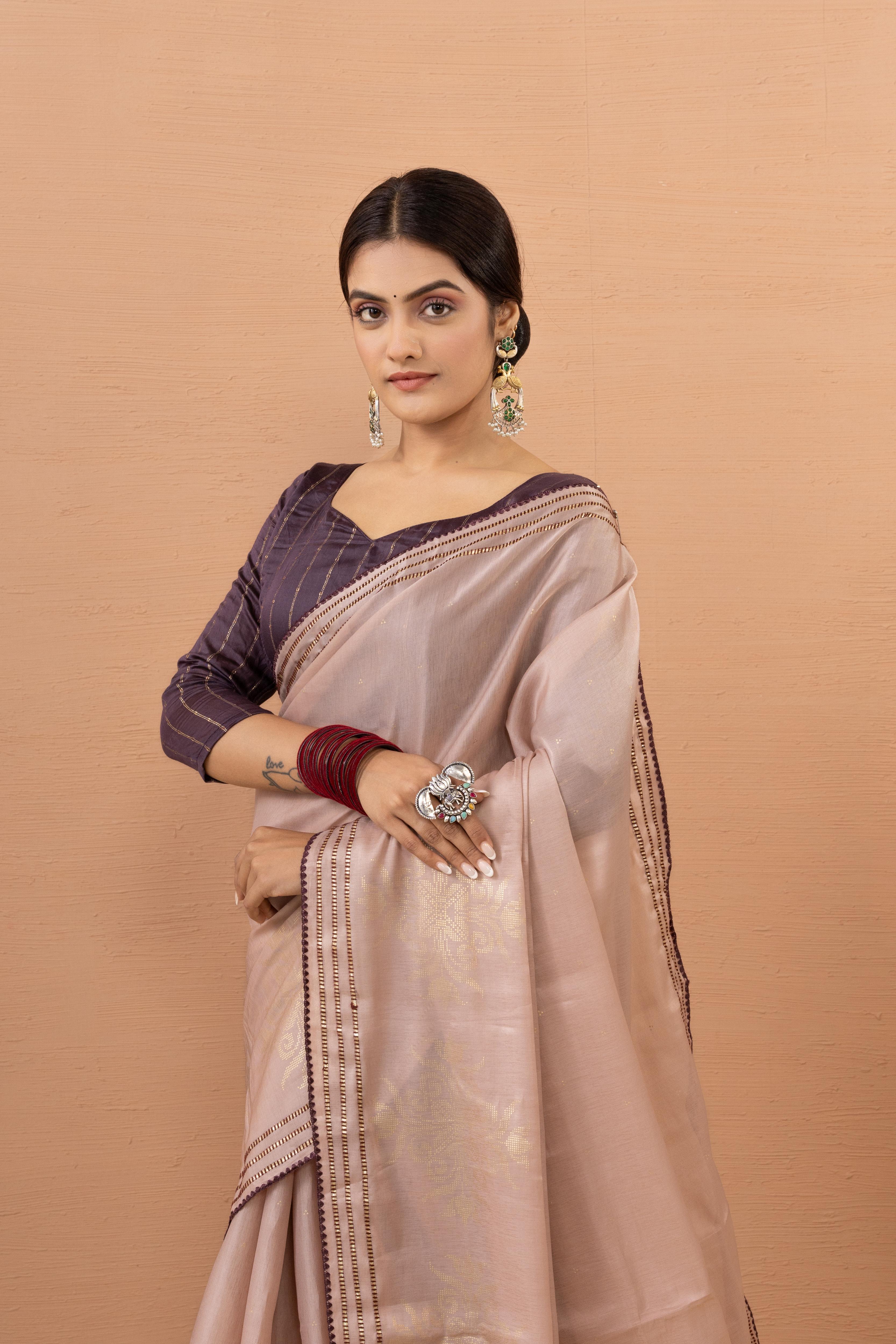 Pink Tussar Silk Saree Foiled With Zuri Work