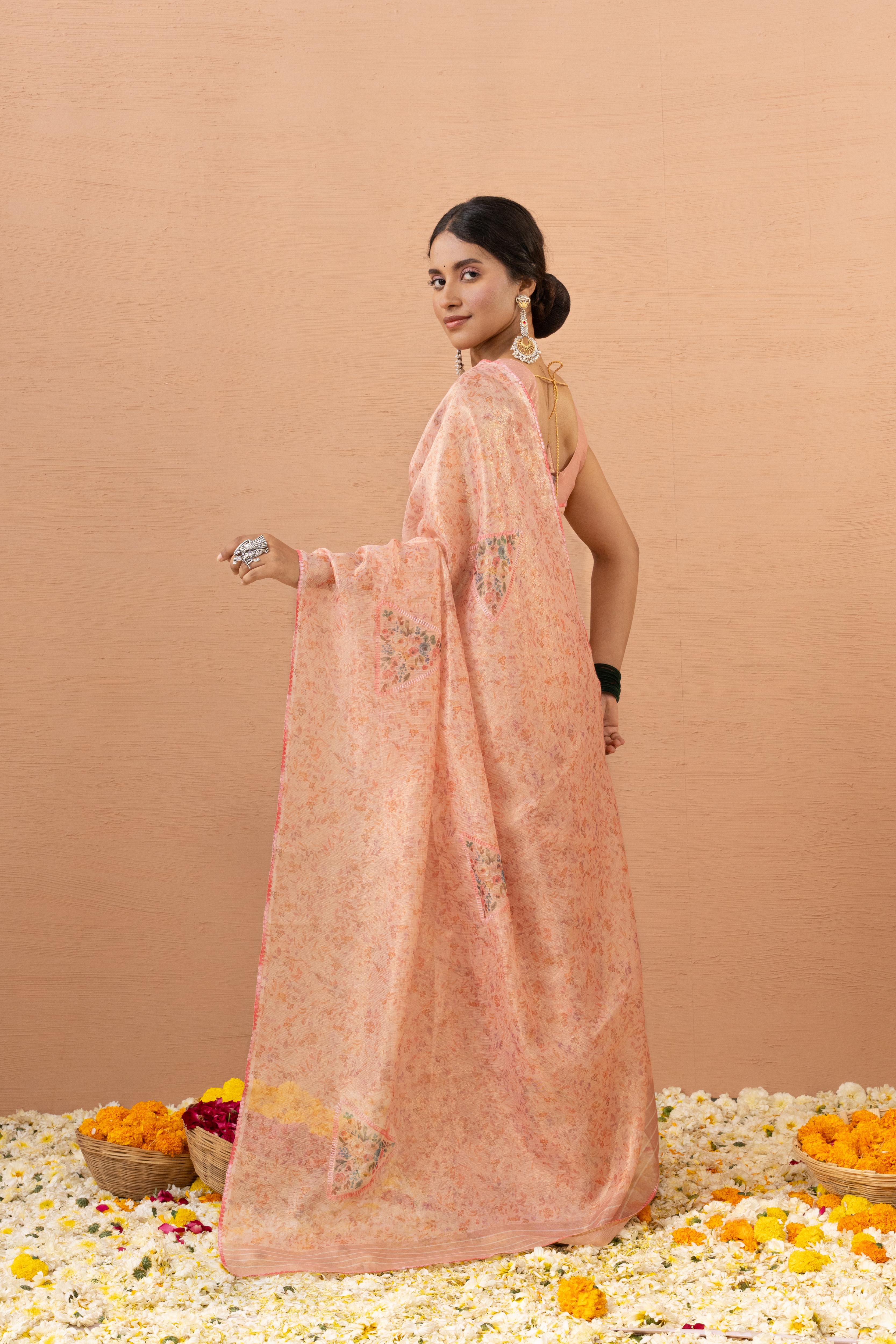 Peach Tissue Saree With Embroidery Boota
