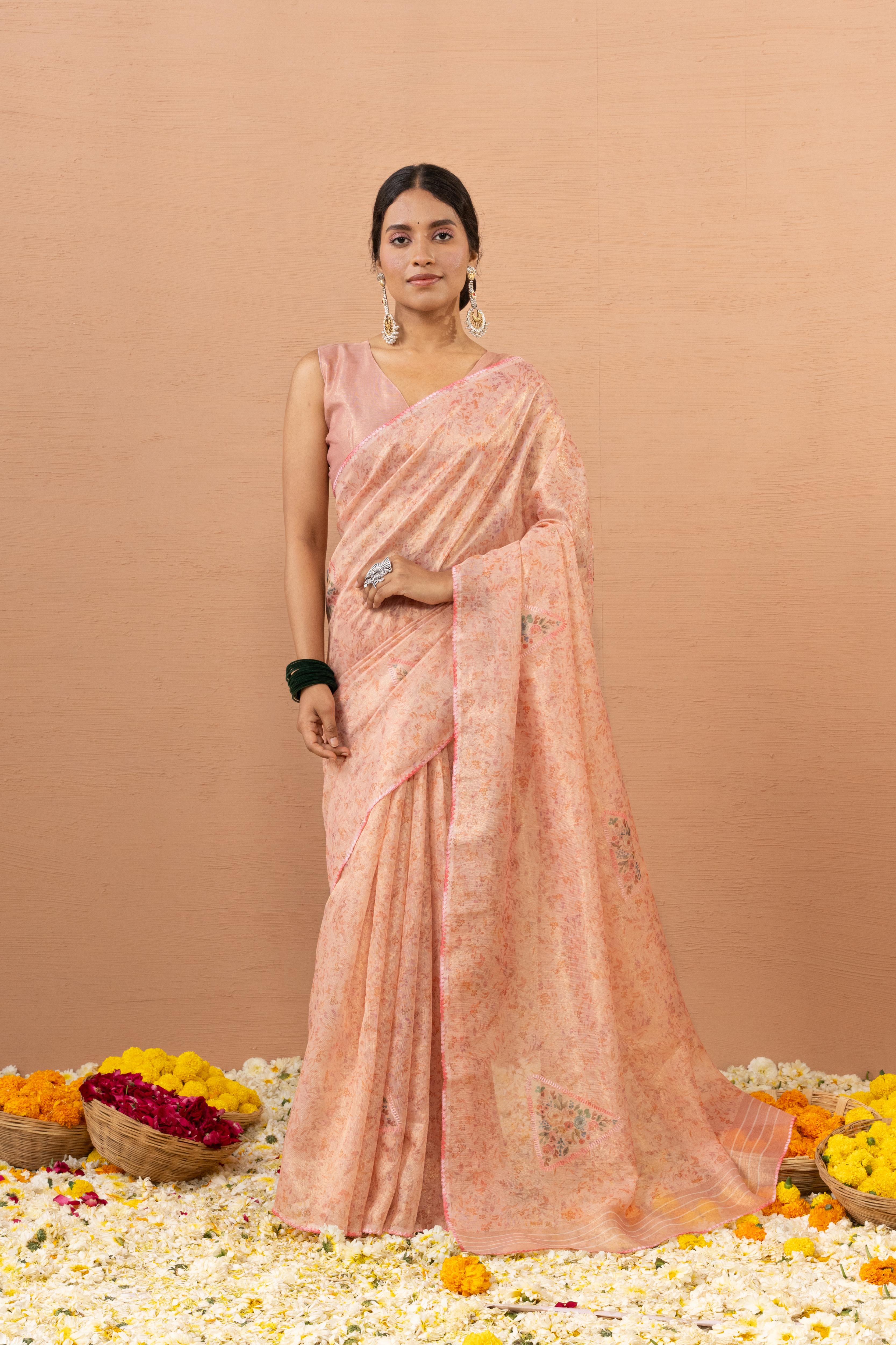 Peach Tissue Saree With Embroidery Boota