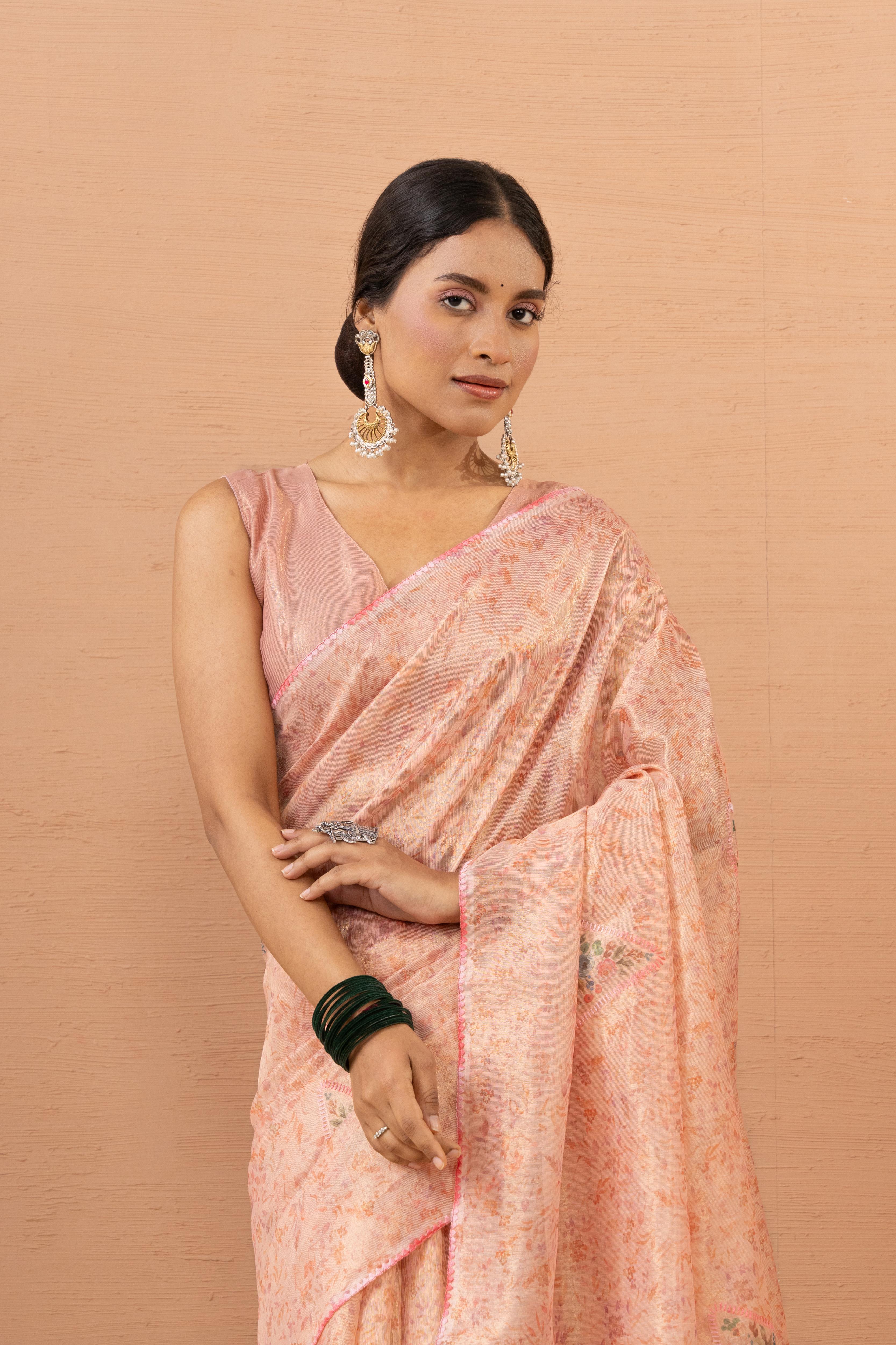 Peach Tissue Saree With Embroidery Boota
