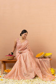 Peach Tissue Saree With Embroidery Boota