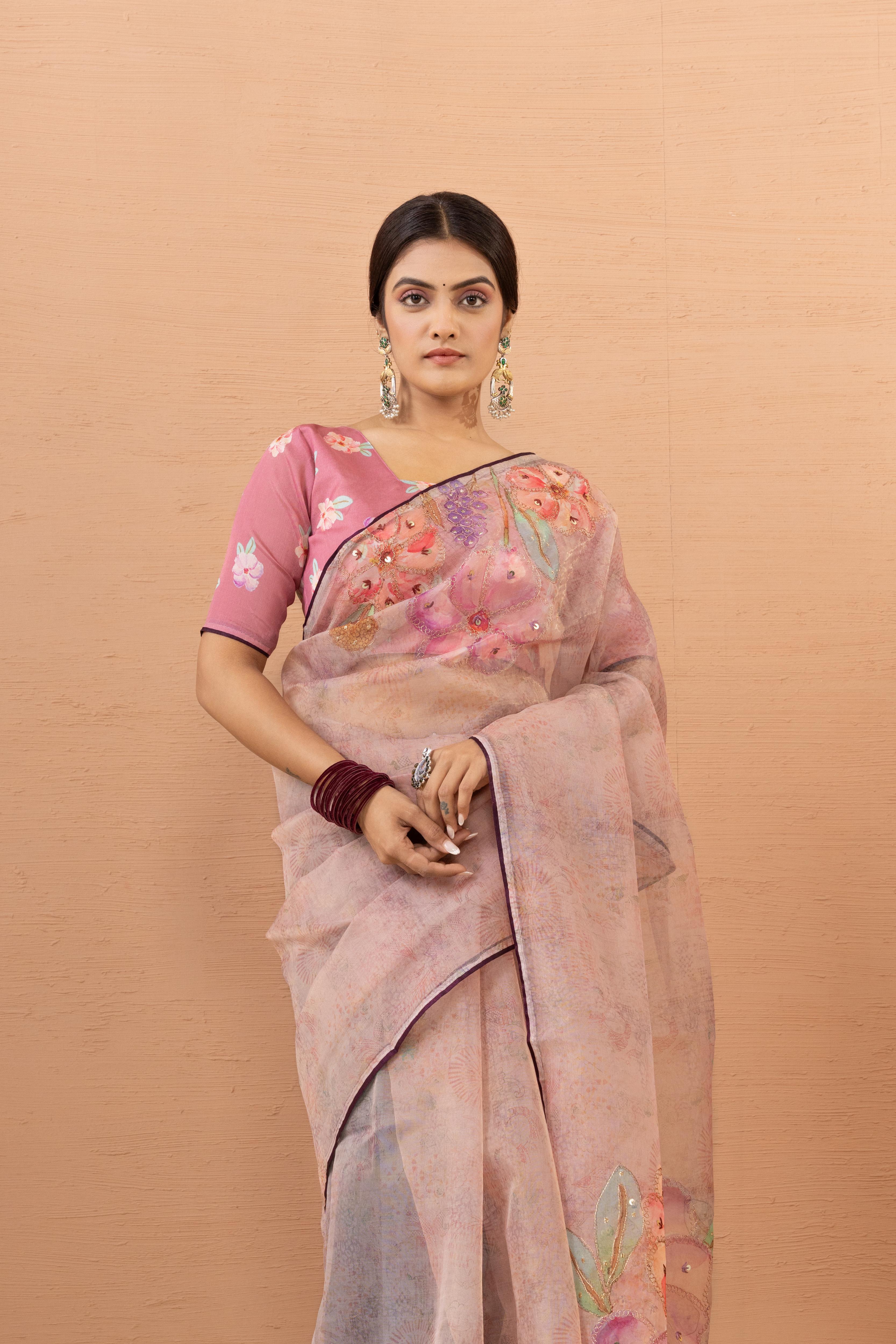 Feminine Pink Tissue Saree with Aari Print