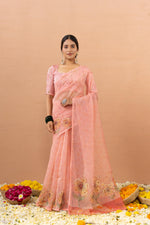 Delicate Peach Saree with Digital Aari Print sedoracouture