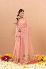 Delicate Peach Saree with Digital Aari Print sedoracouture