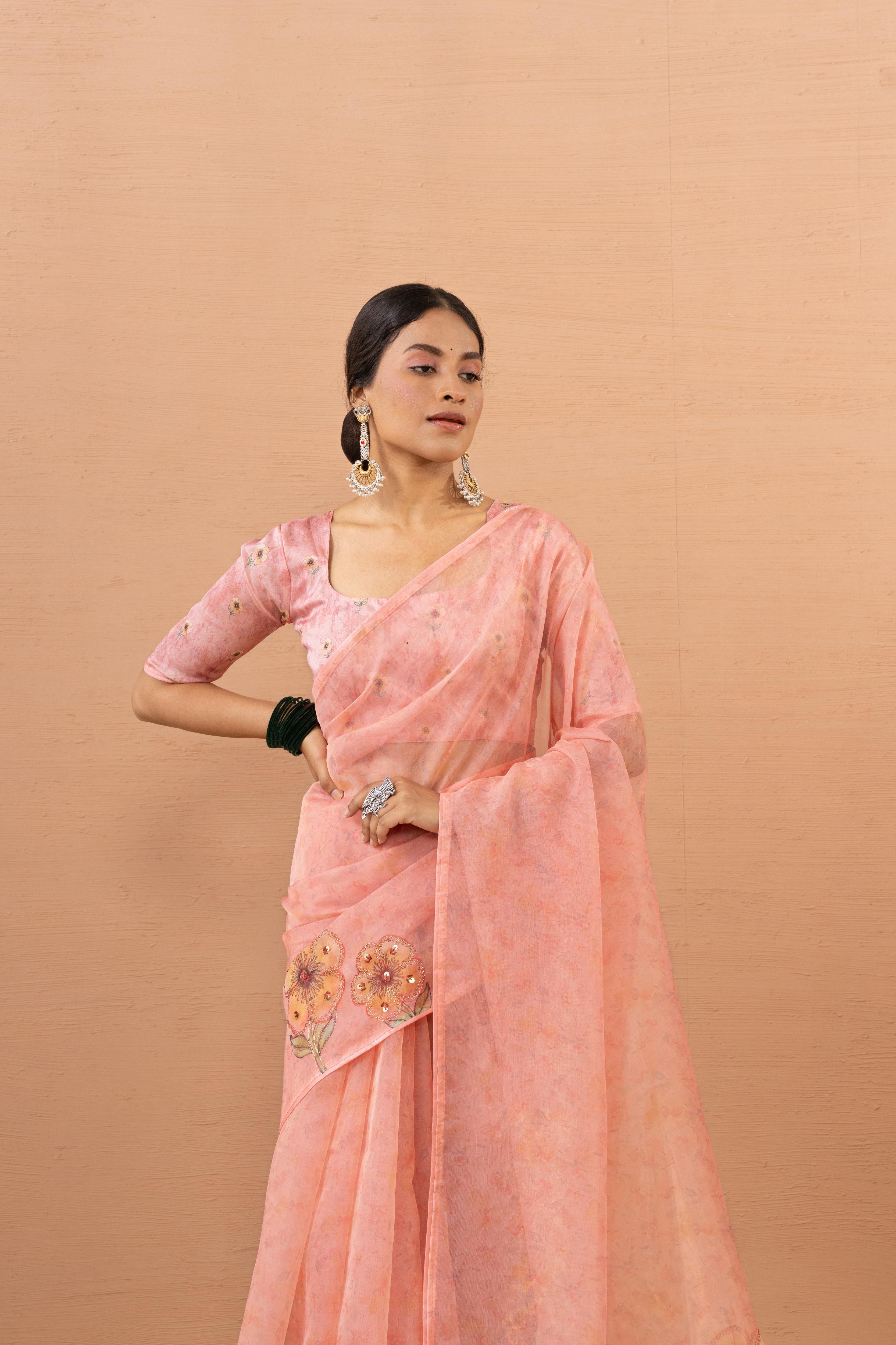 Delicate Peach Saree with Digital Aari Print sedoracouture