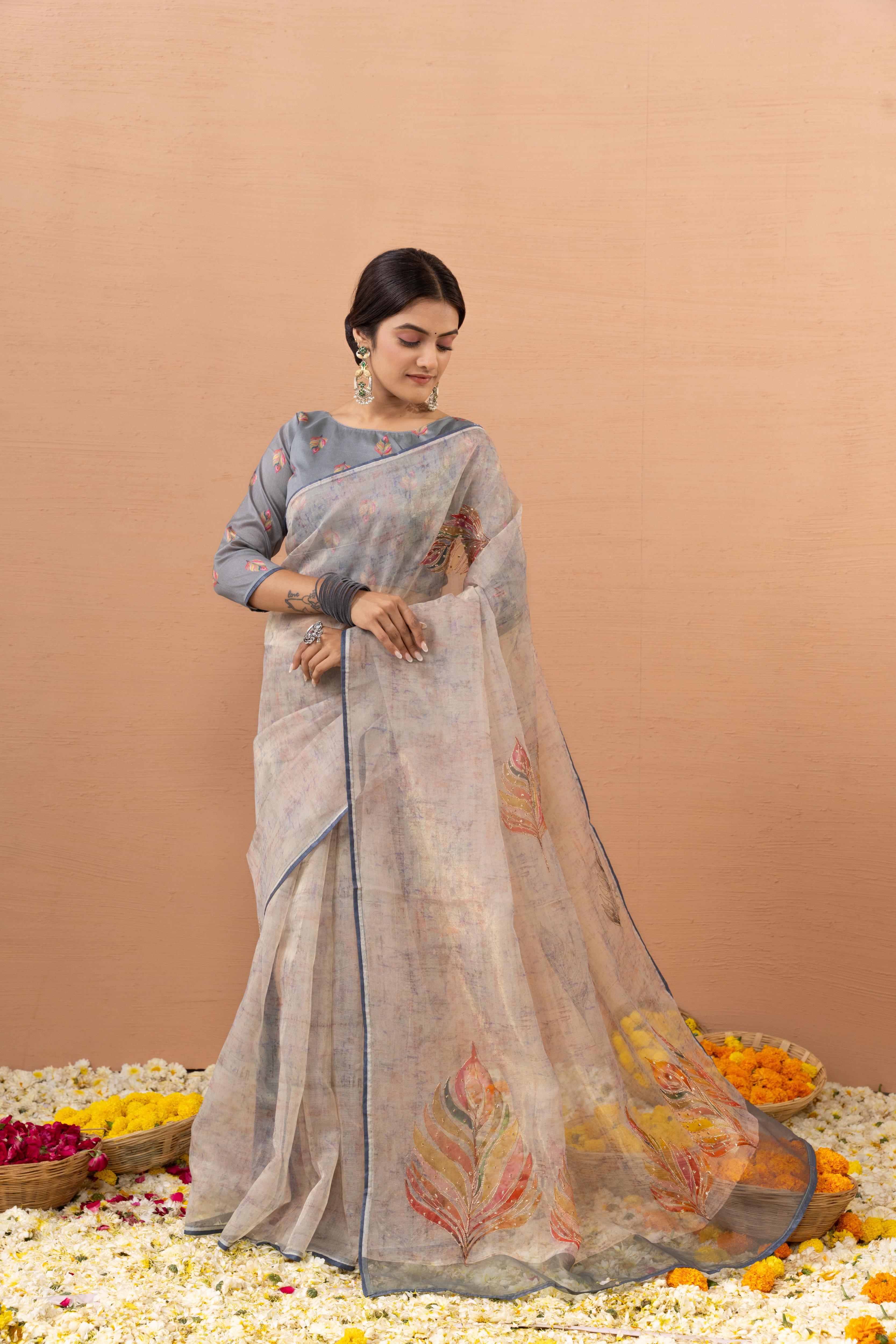Graceful Grey Saree with Digital Aari Work
