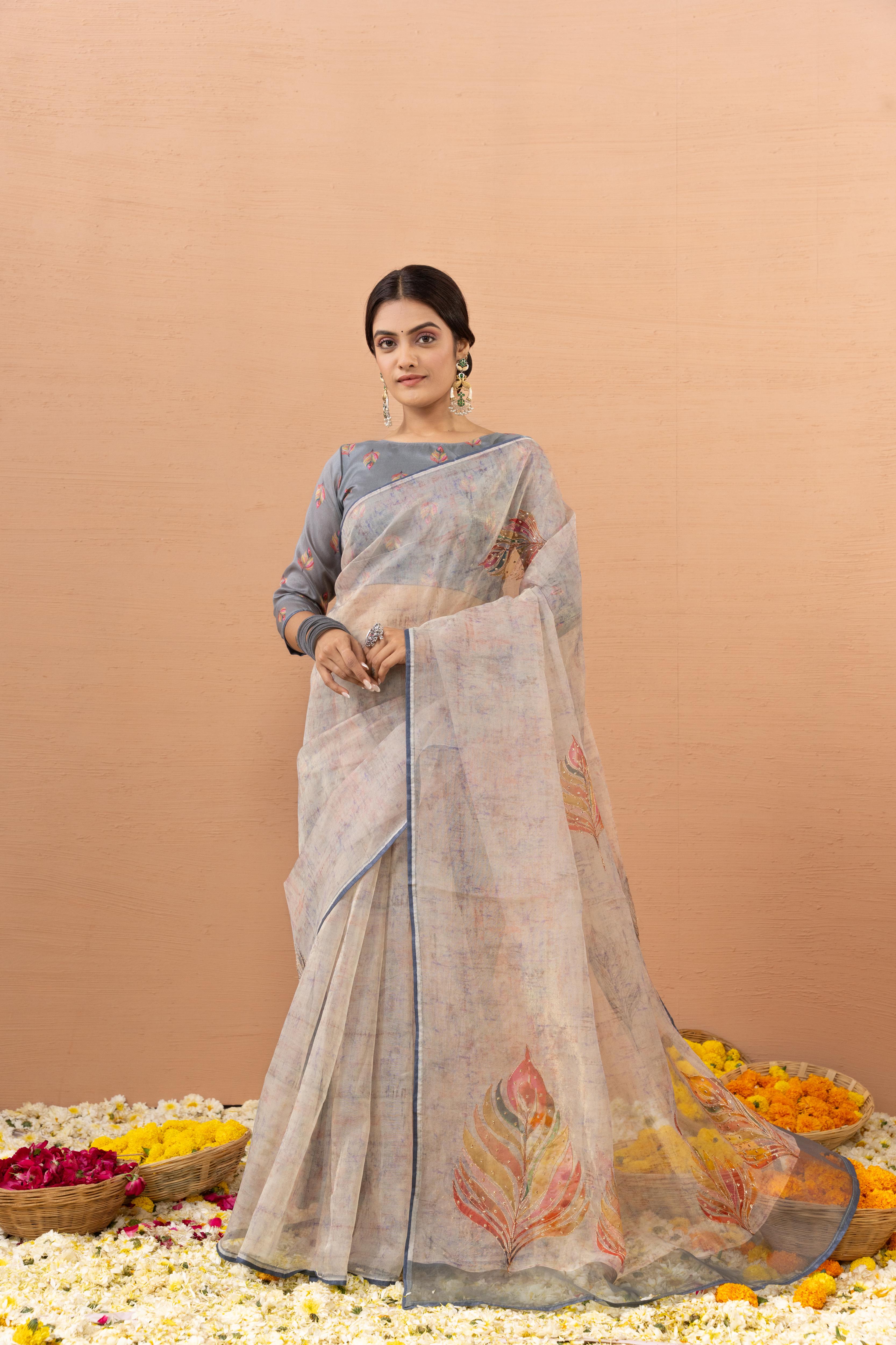 Graceful Grey Saree with Digital Aari Work sedoracouture
