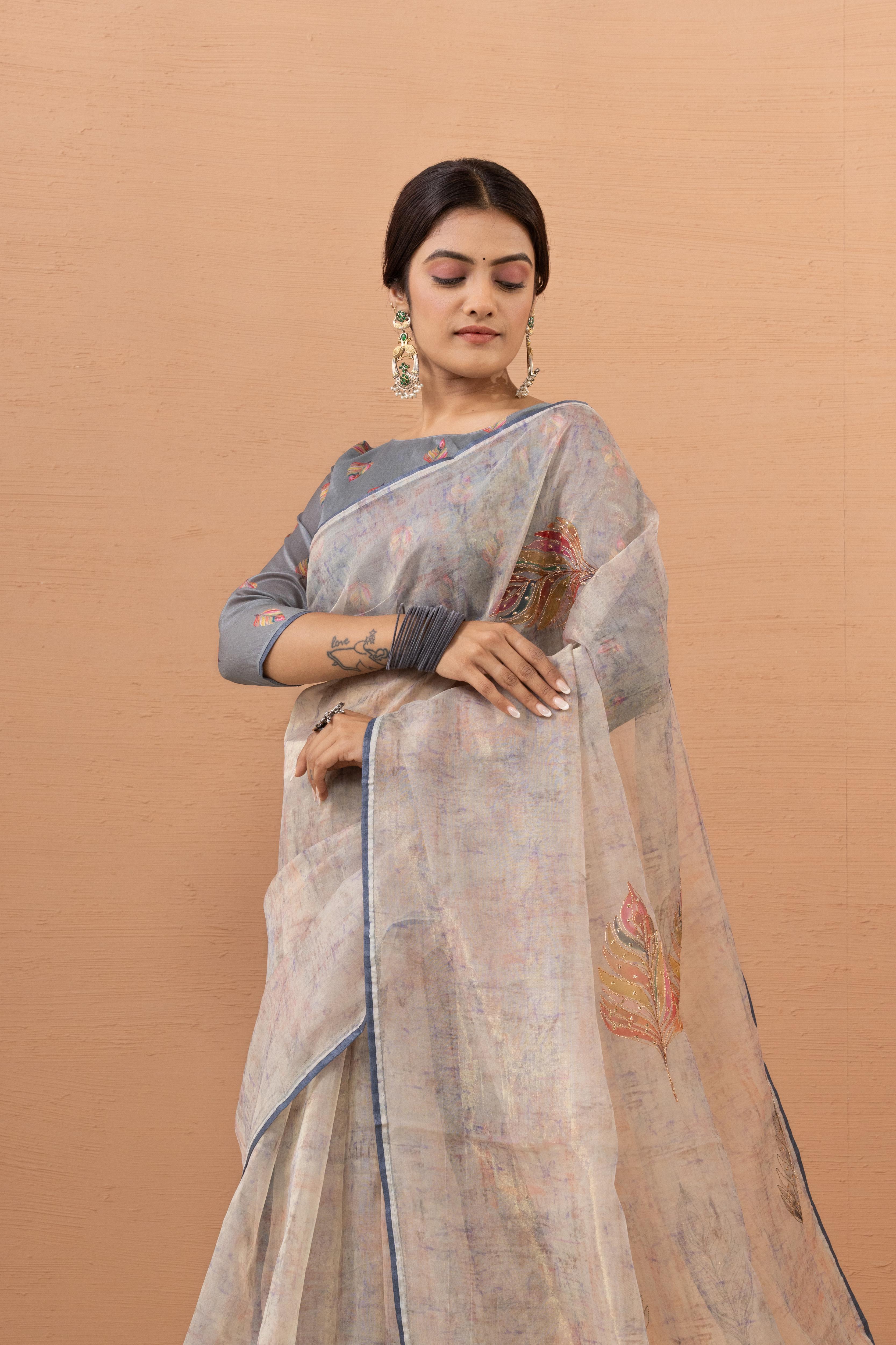 Graceful Grey Saree with Digital Aari Work sedoracouture