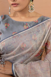 Graceful Grey Saree with Digital Aari Work