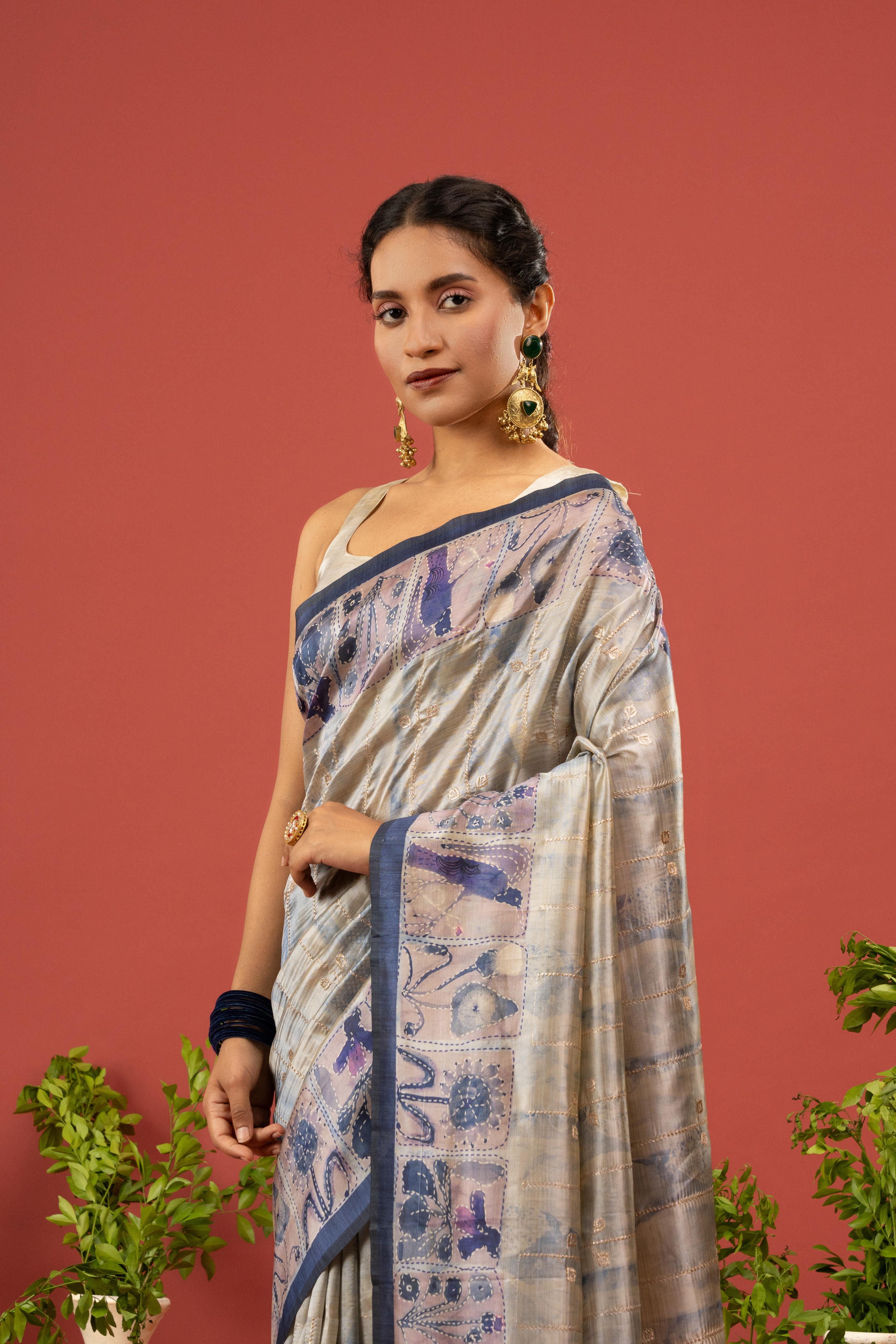 Dual-Tone Silk Saree with Purple Gala