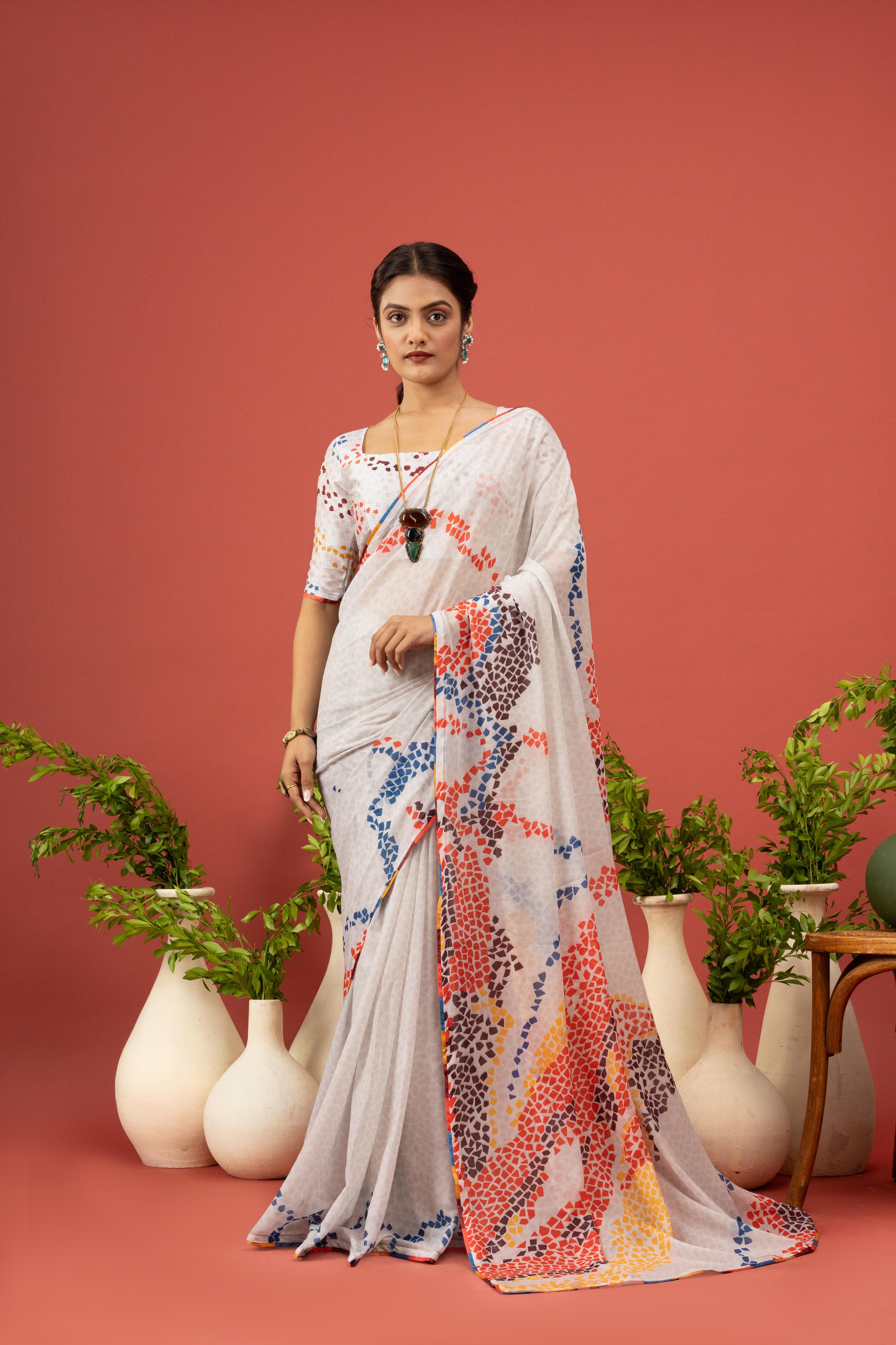 Graceful White Sparkle Georgette Saree