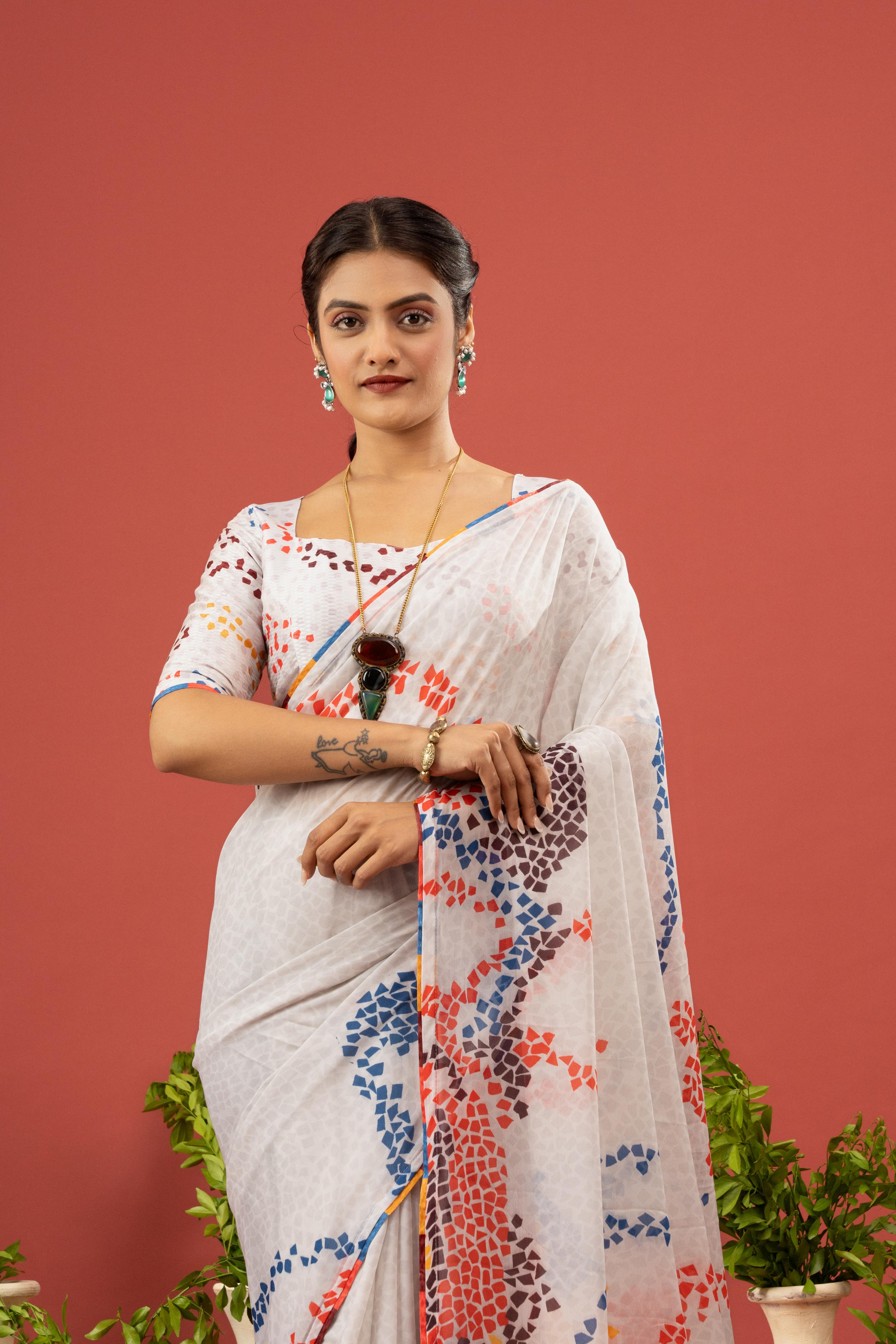 Pink Floral Saree with Printed Georgette