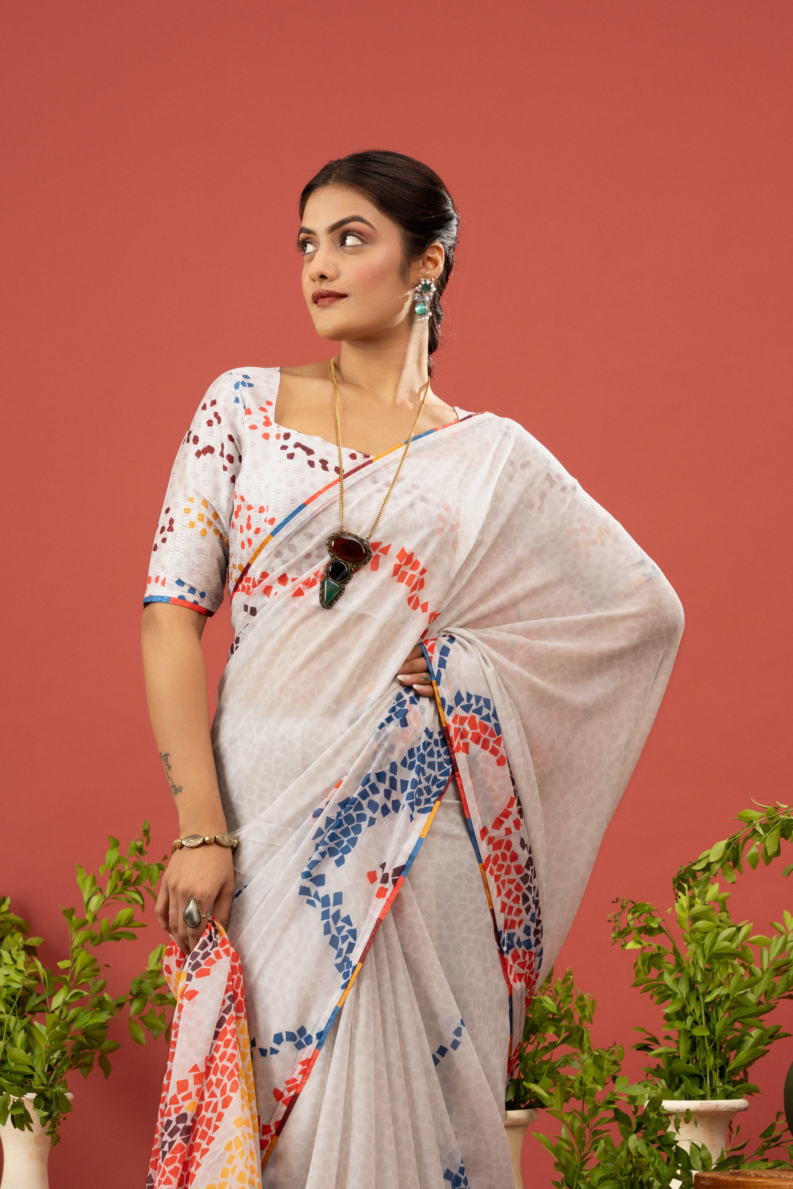 Pink Floral Saree with Printed Georgette