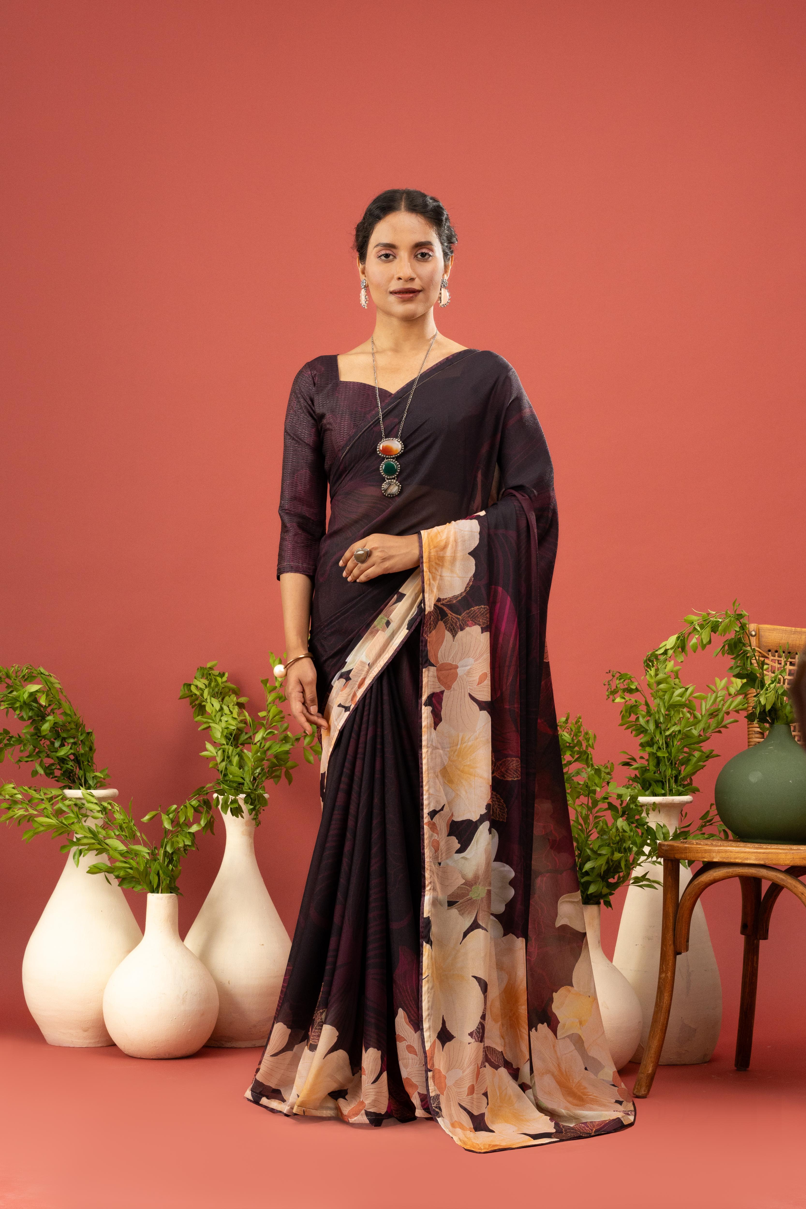 Wine Georgette Saree with Digital Print