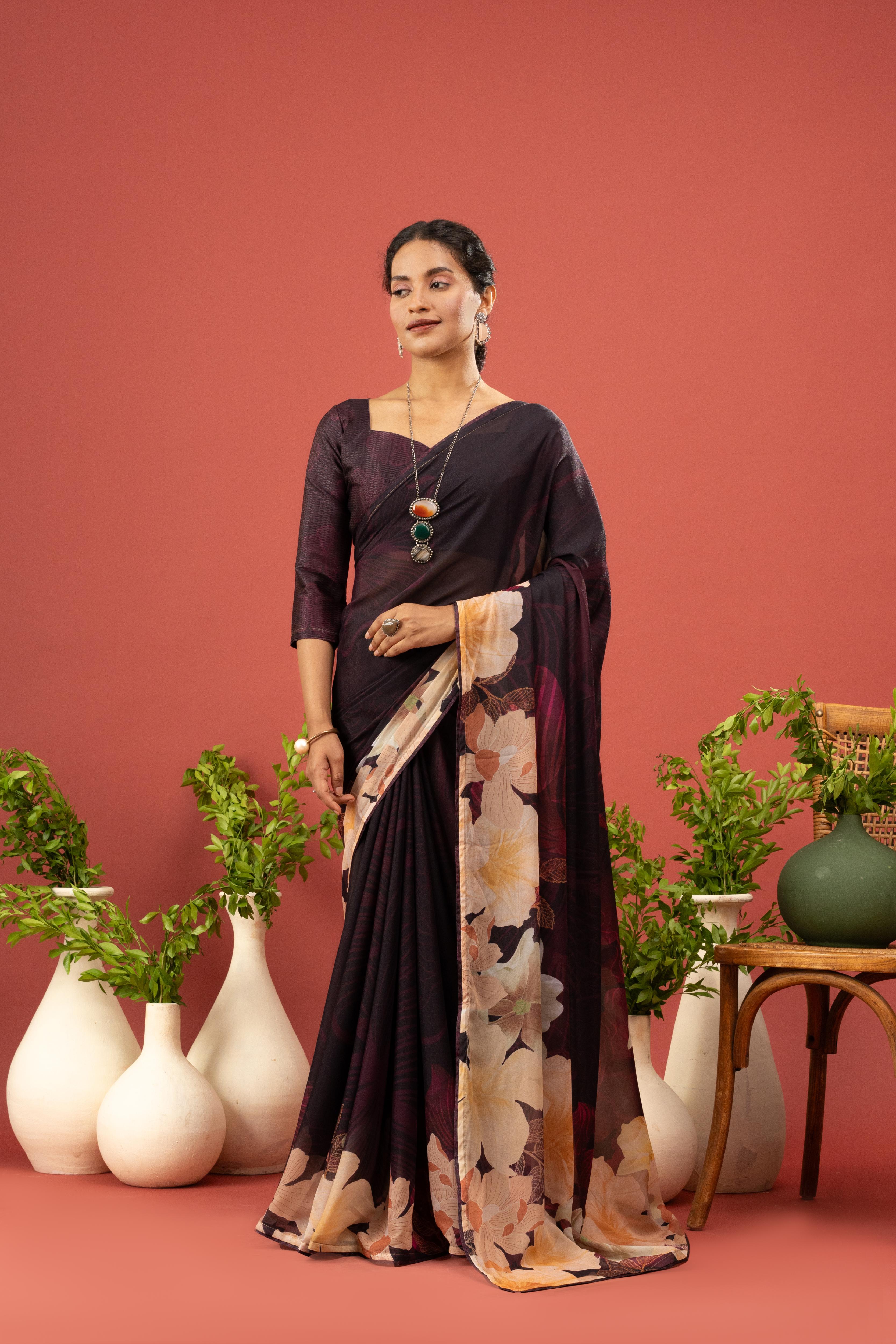 Wine Georgette Saree with Digital Print sedoracouture