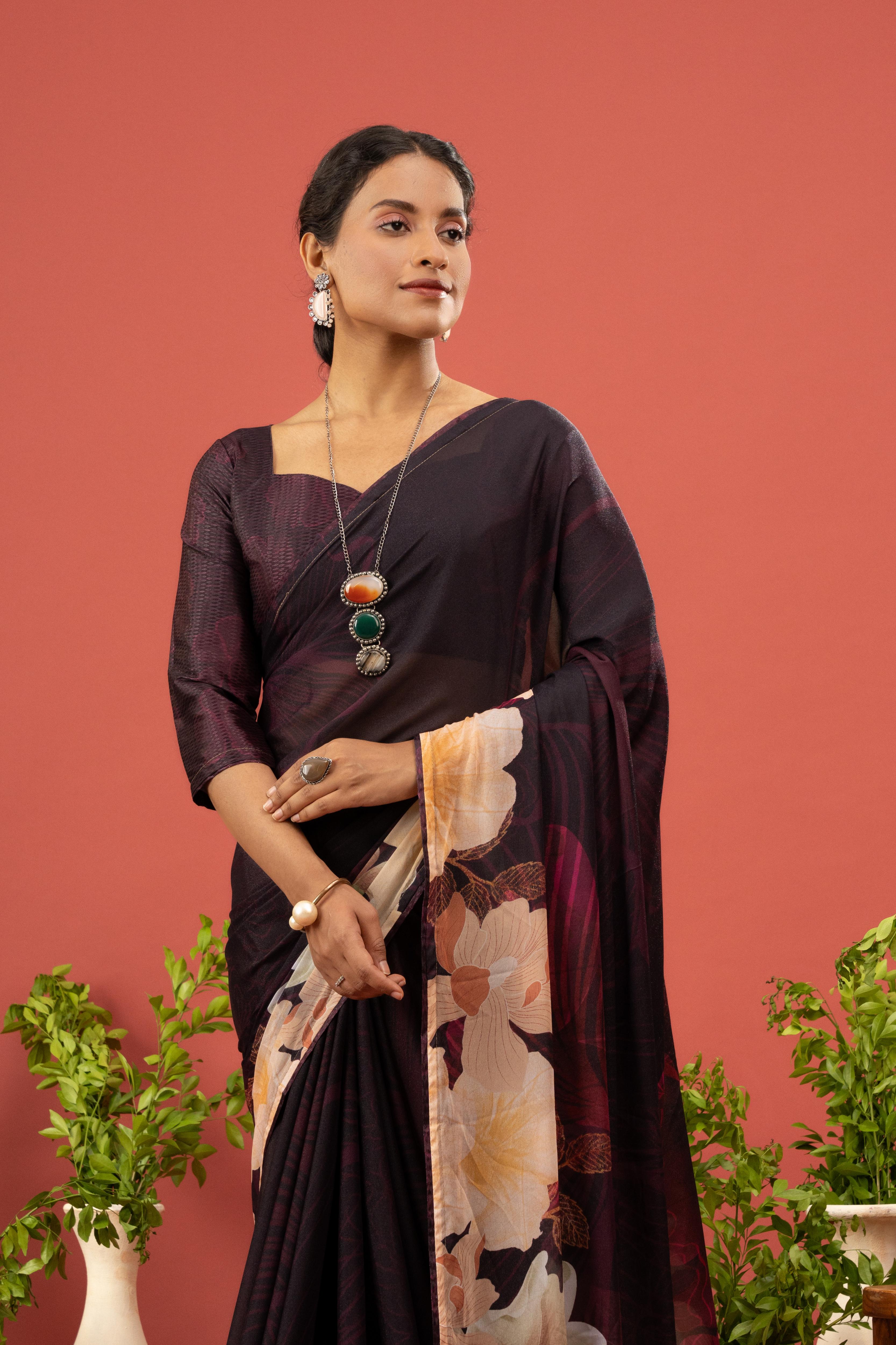 Wine Georgette Saree with Digital Print