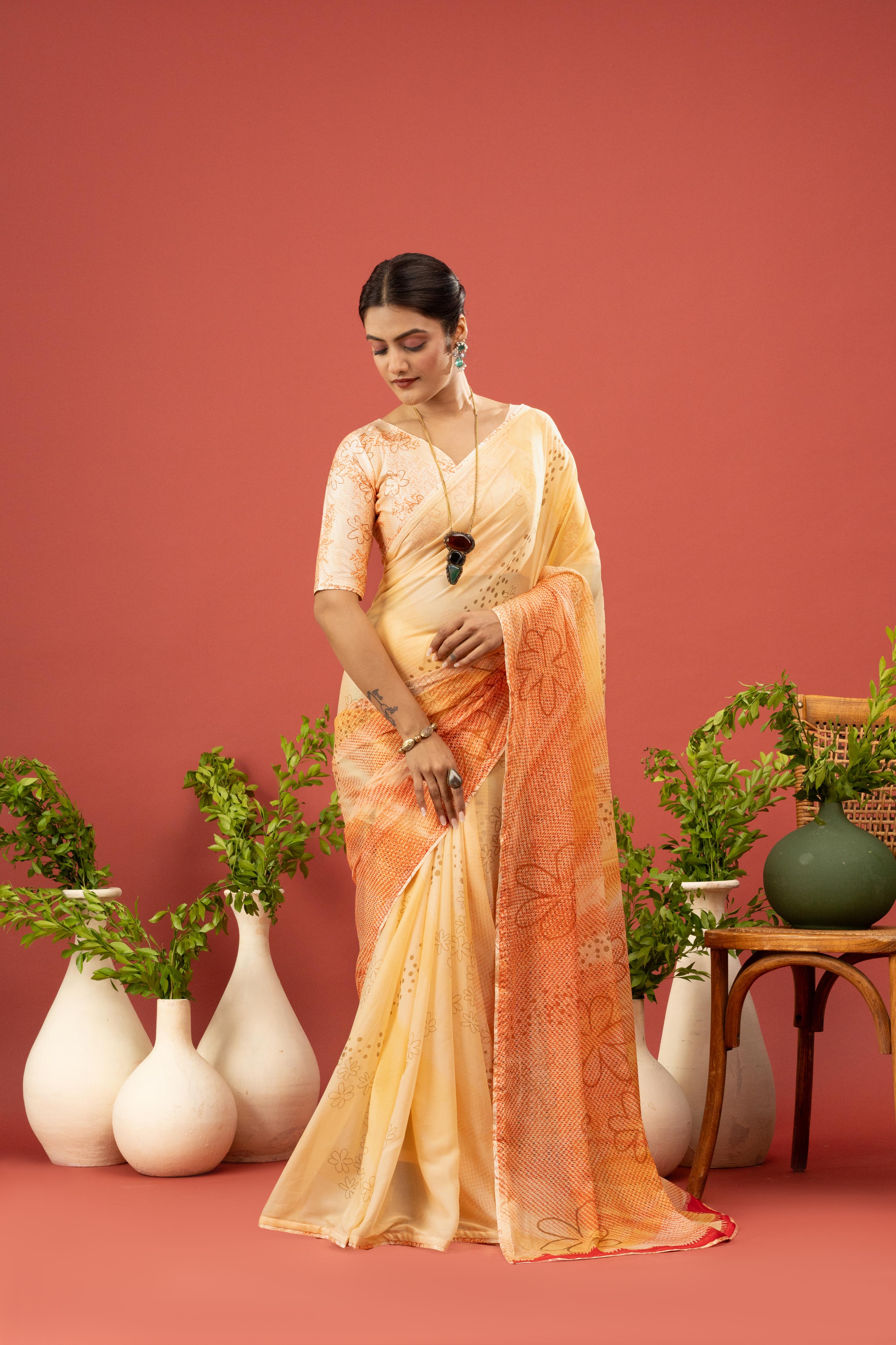 Yellow Floral Saree with Printed Georgette sedoracouture