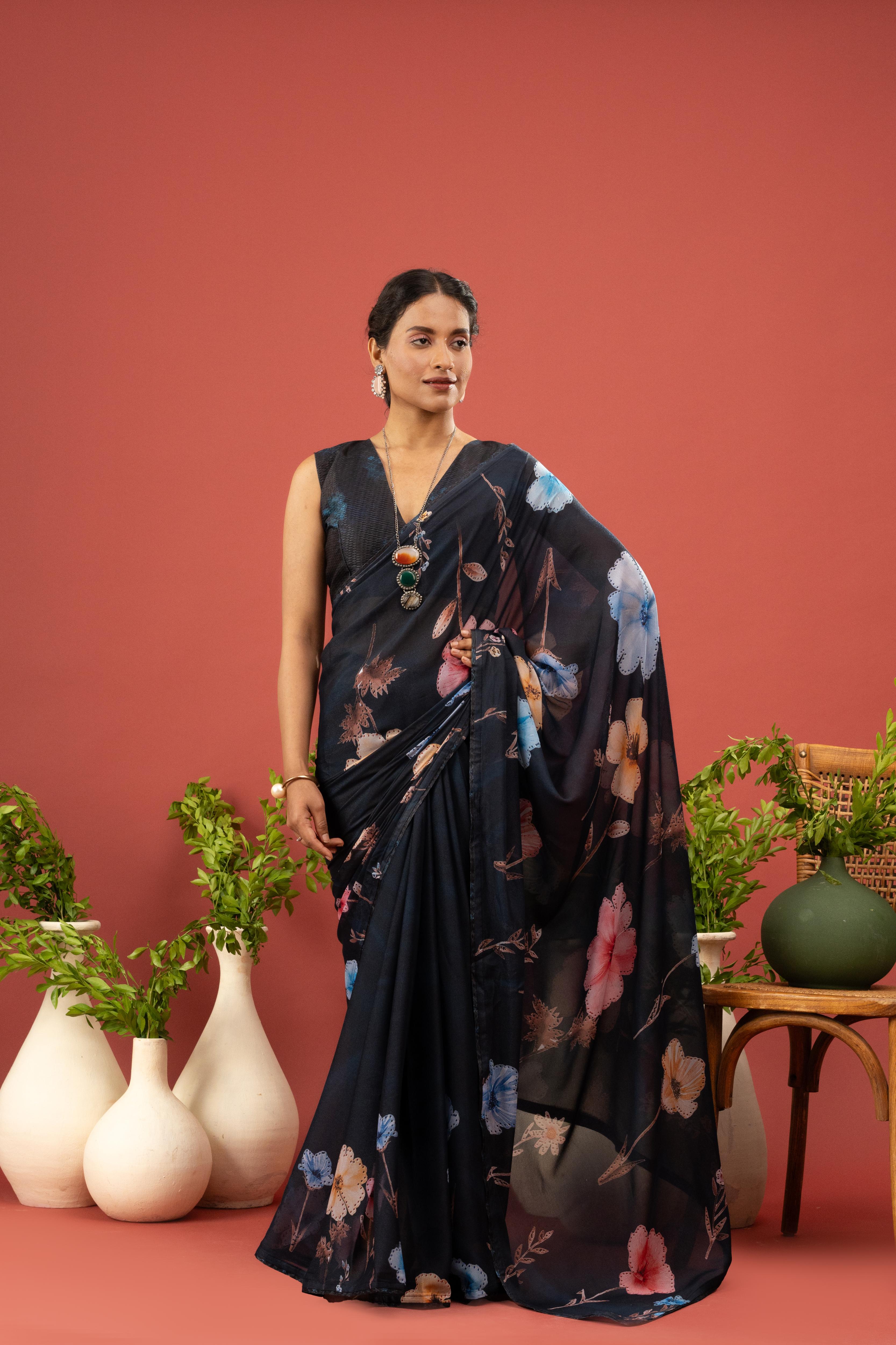 Navy Blue Saree with Georgette Print