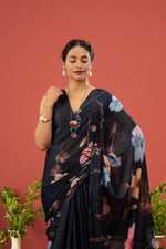 Navy Blue Saree with Georgette Print sedoracouture
