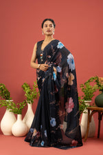Navy Blue Saree with Georgette Print sedoracouture