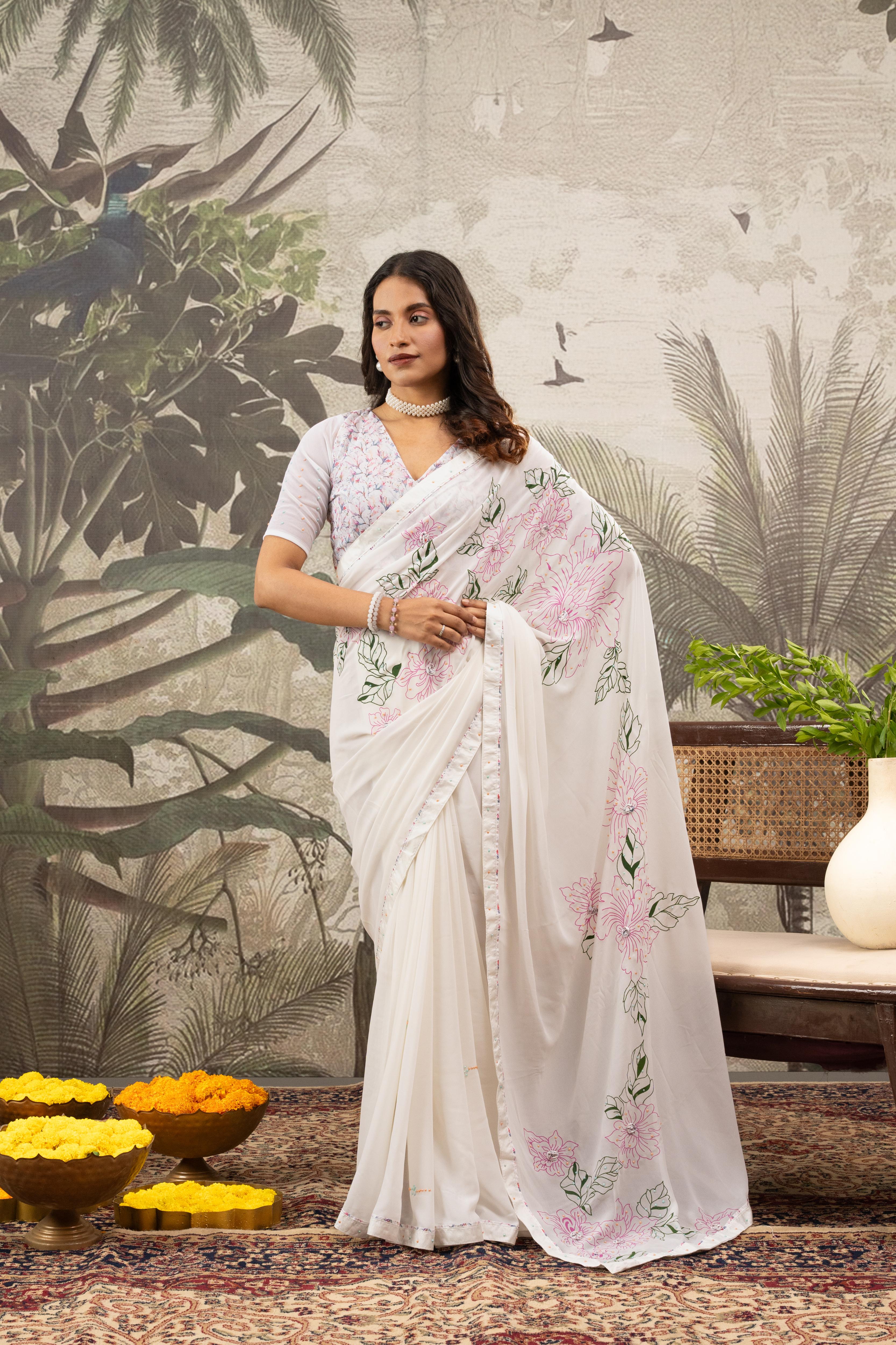 Designer White Saree Hand Stitch Work