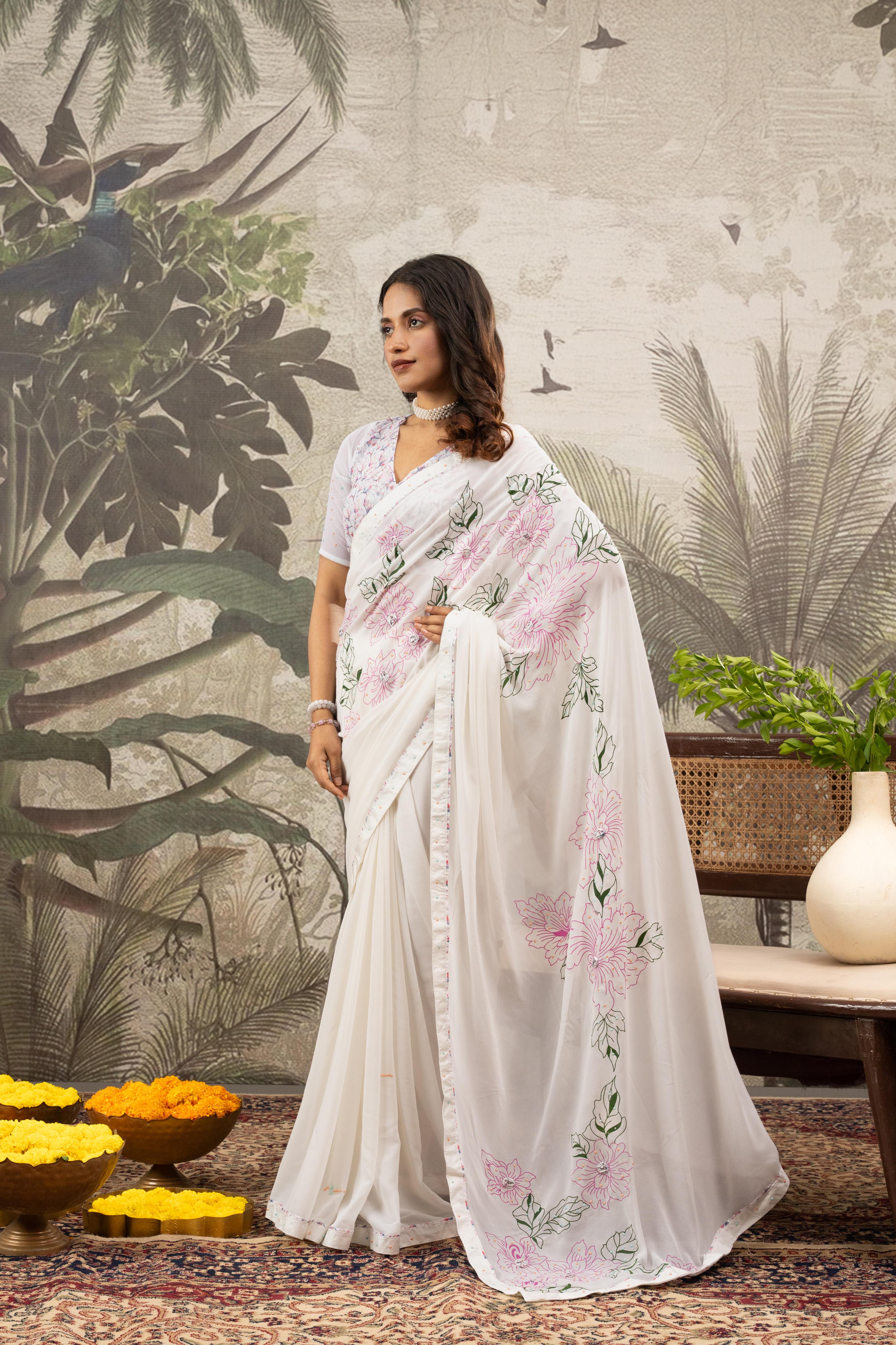 Designer White Saree Hand Stitch Work