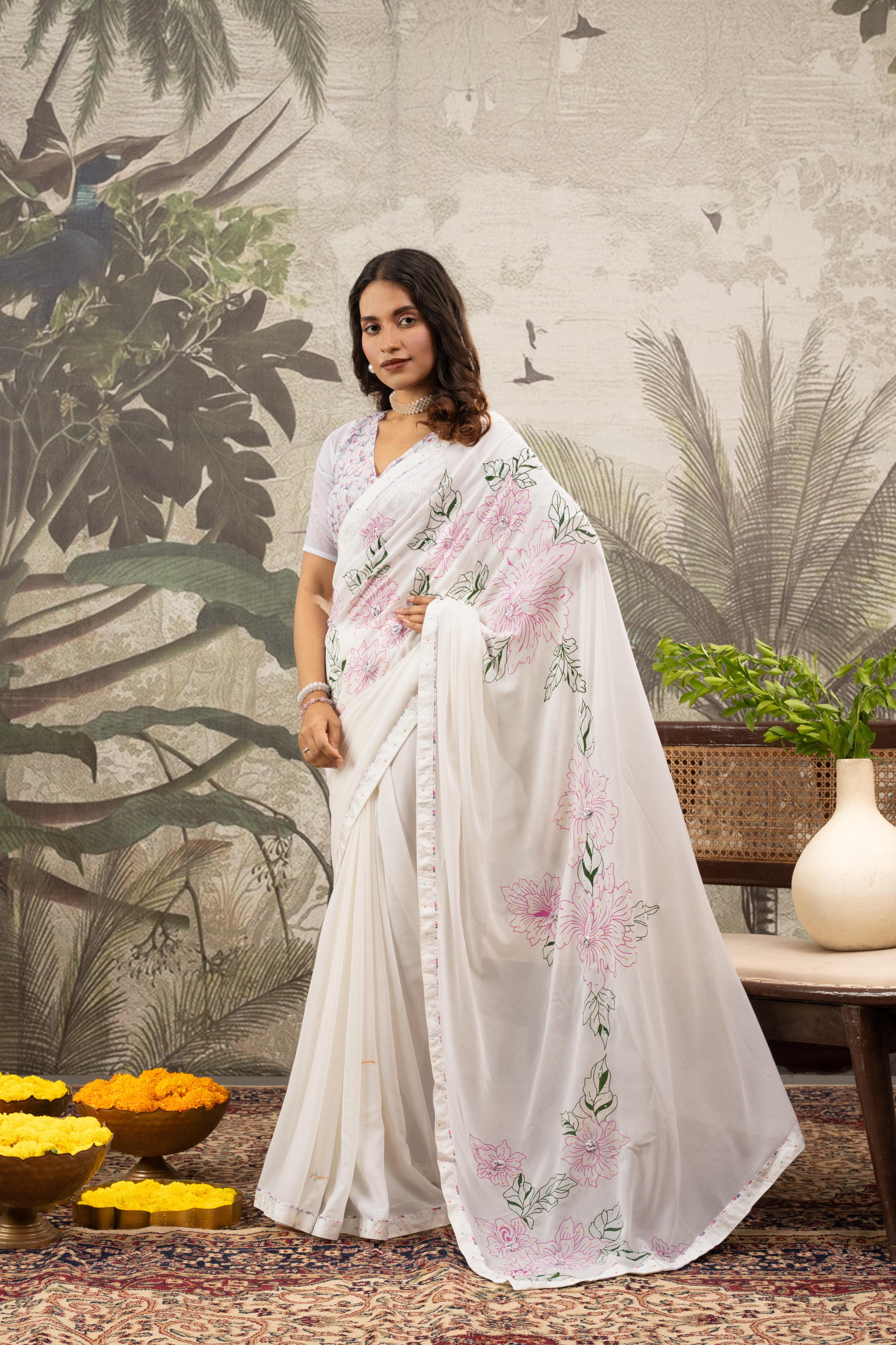 Designer White Saree Hand Stitch Work