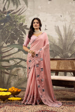 Pink Saree On Marble With Digital Patch Work sedoracouture
