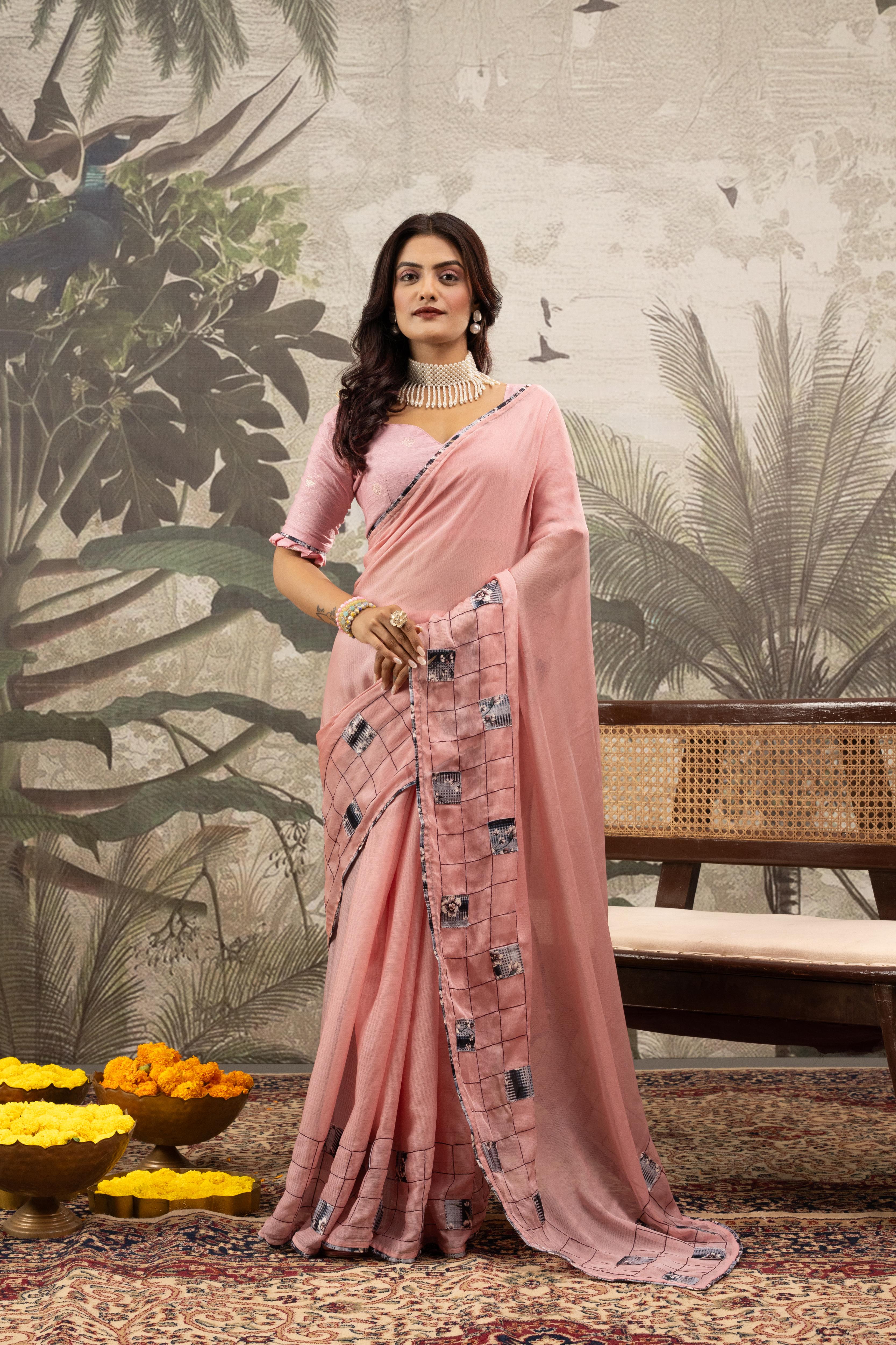 Pink Saree On Marble With Digital Patch Work sedoracouture
