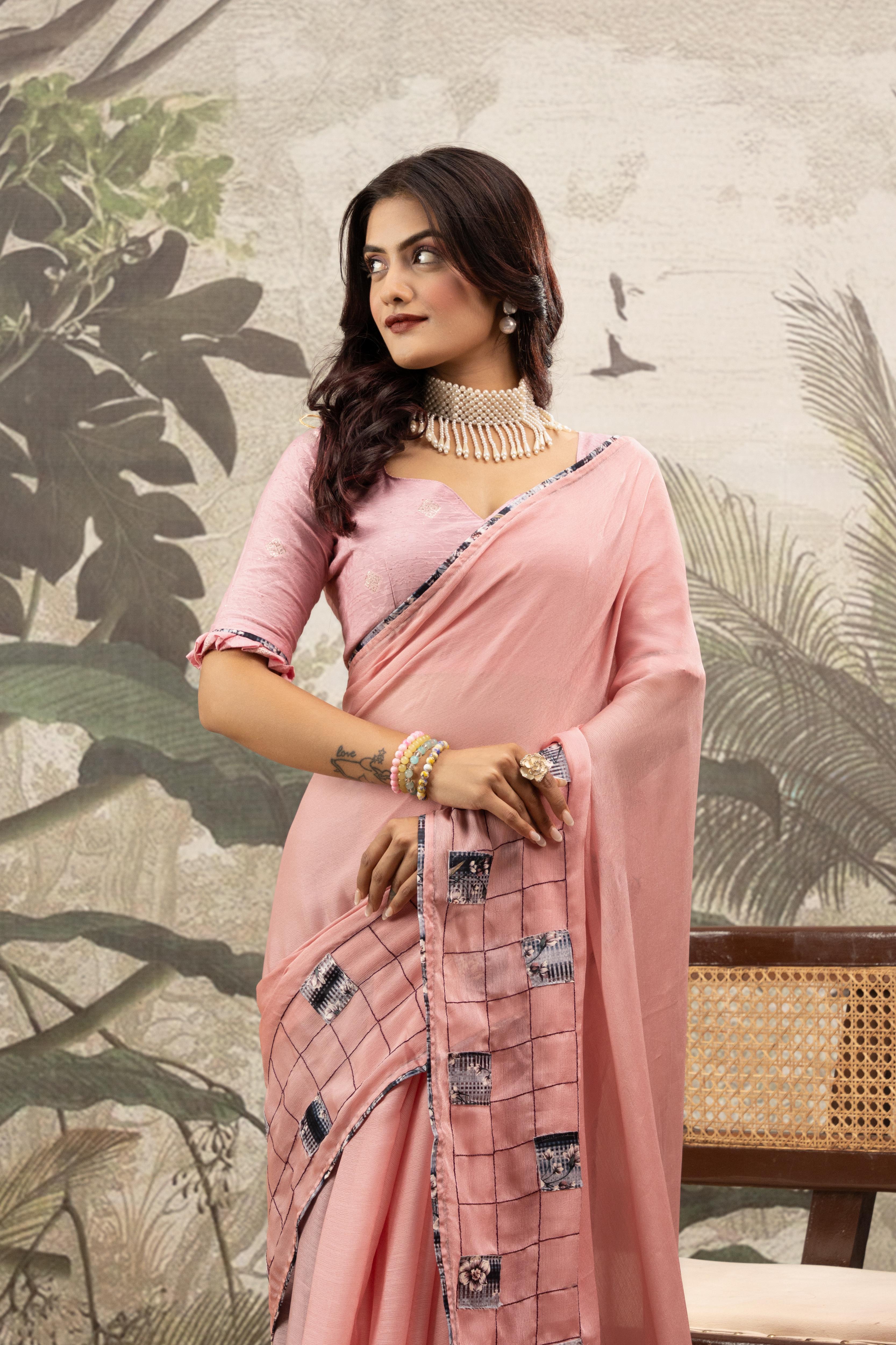 Pink Saree On Marble With Digital Patch Work