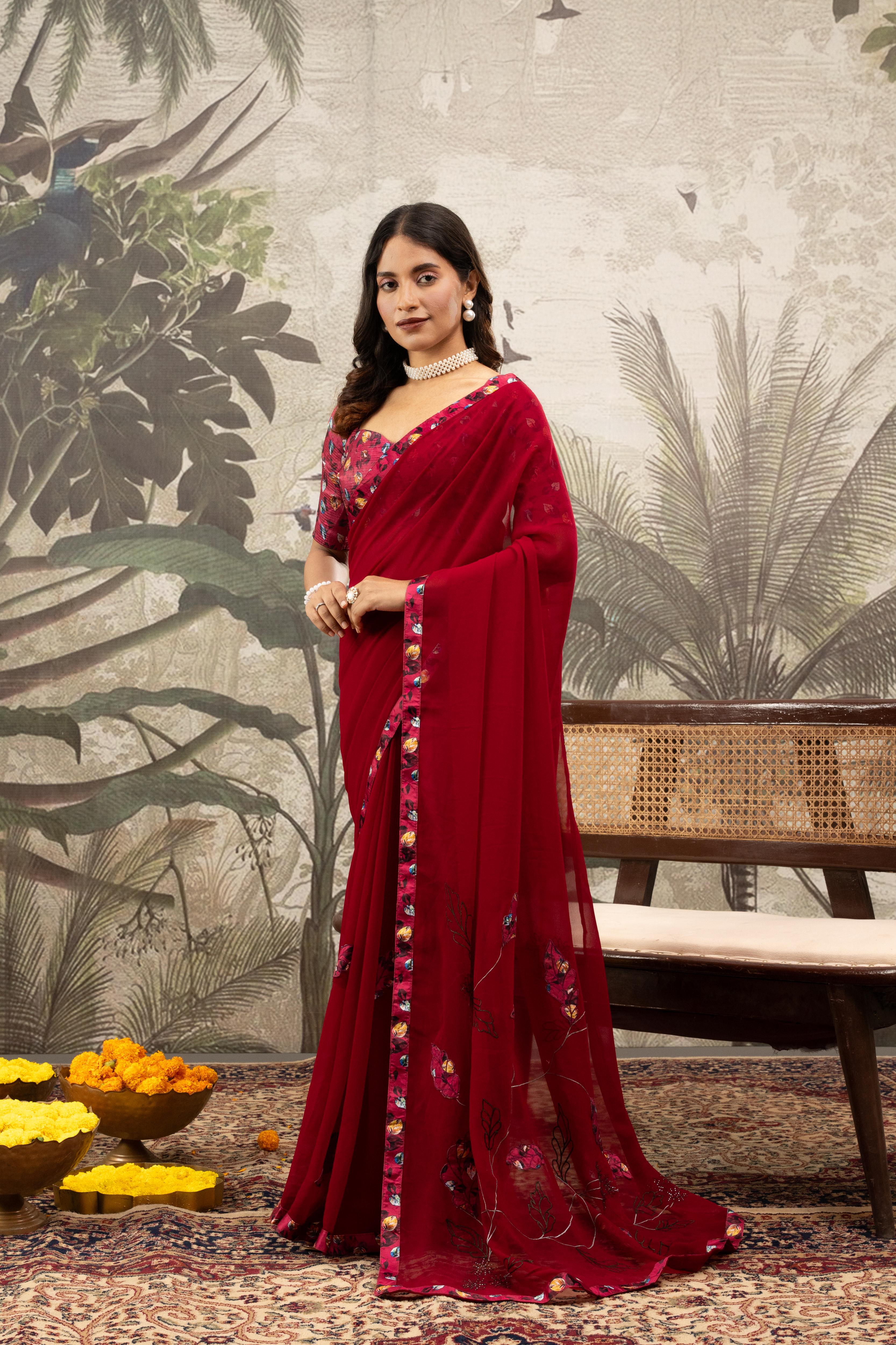 Elegant Maroon Saree with Diamond & Digital Border