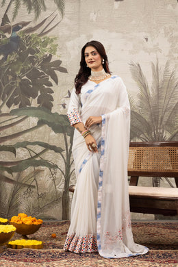White Designer Saree With Printed Border