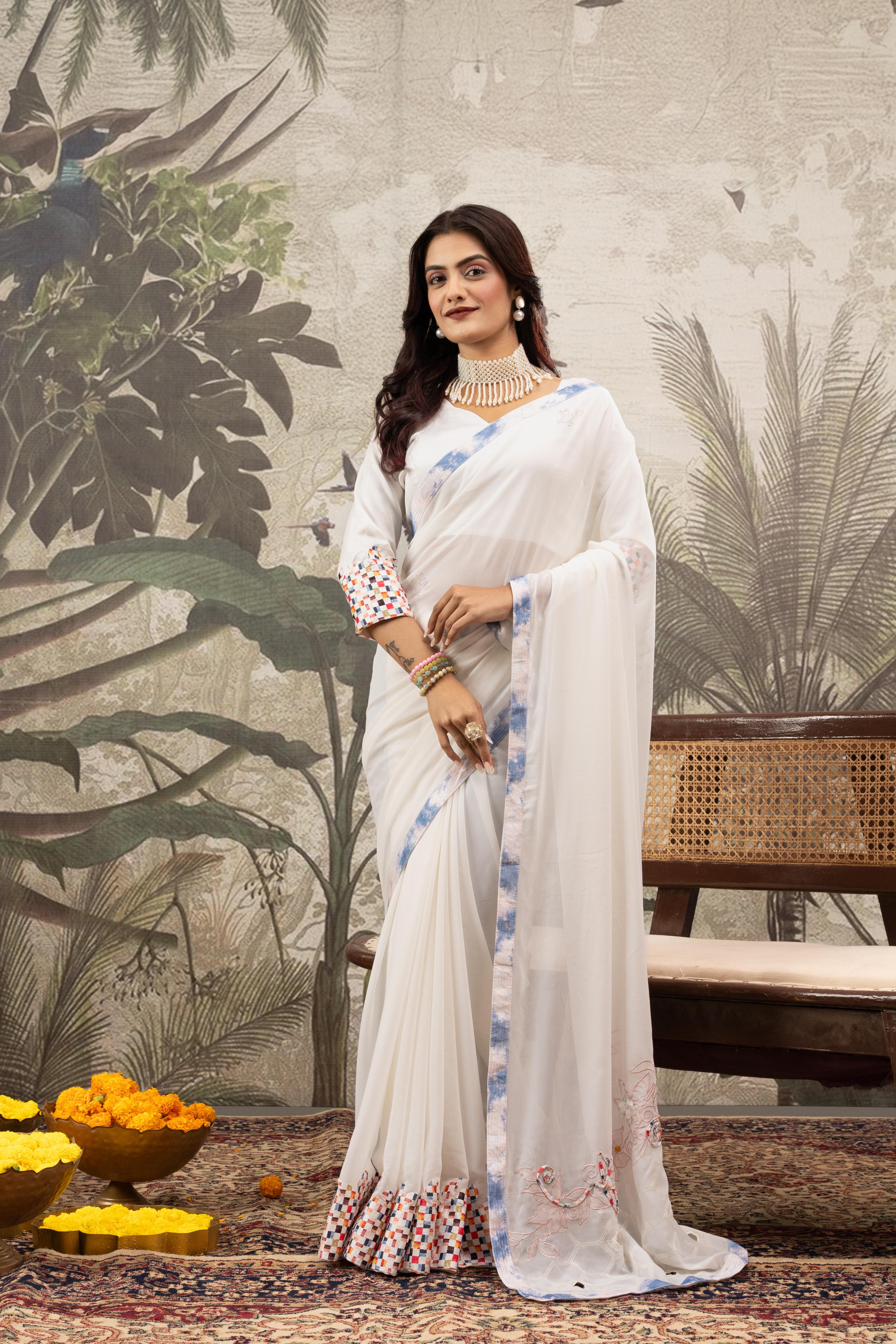 White Printed Georgette Saree with Embroidery Work sedoracouture