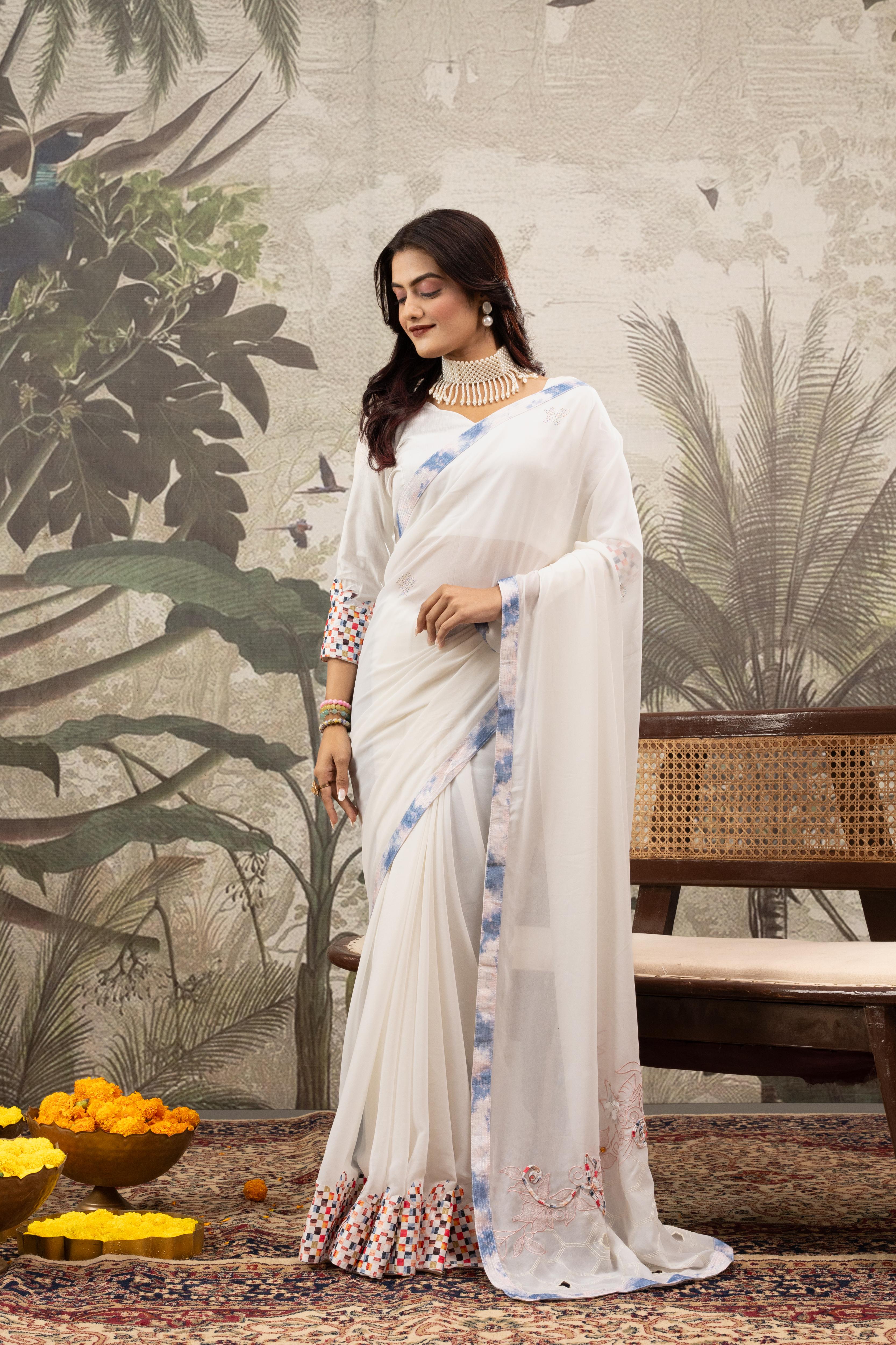 White Designer Saree With Printed Border