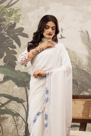 White Designer Saree With Printed Border