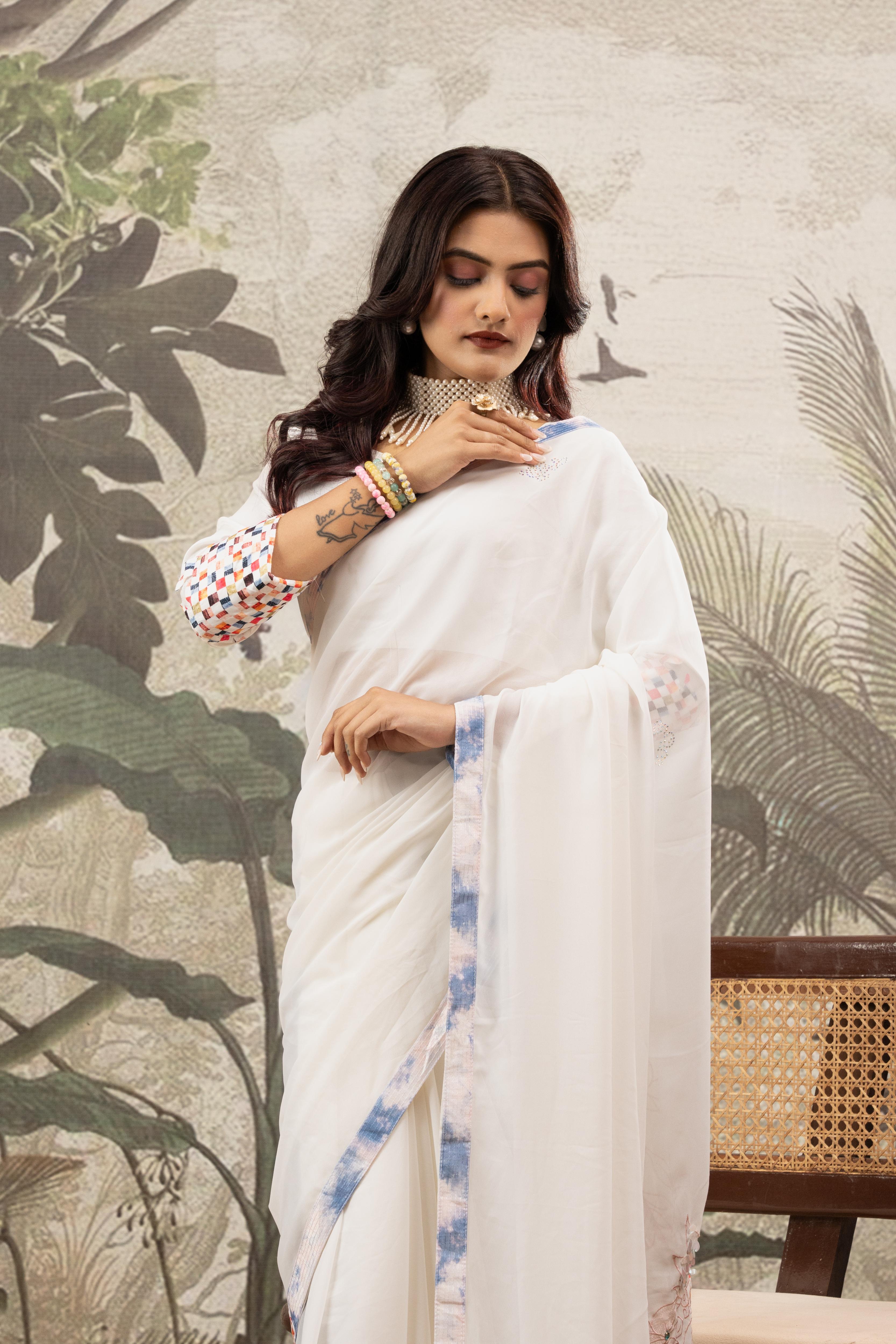 White Designer Saree With Printed Border