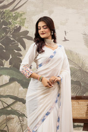 White Designer Saree With Printed Border